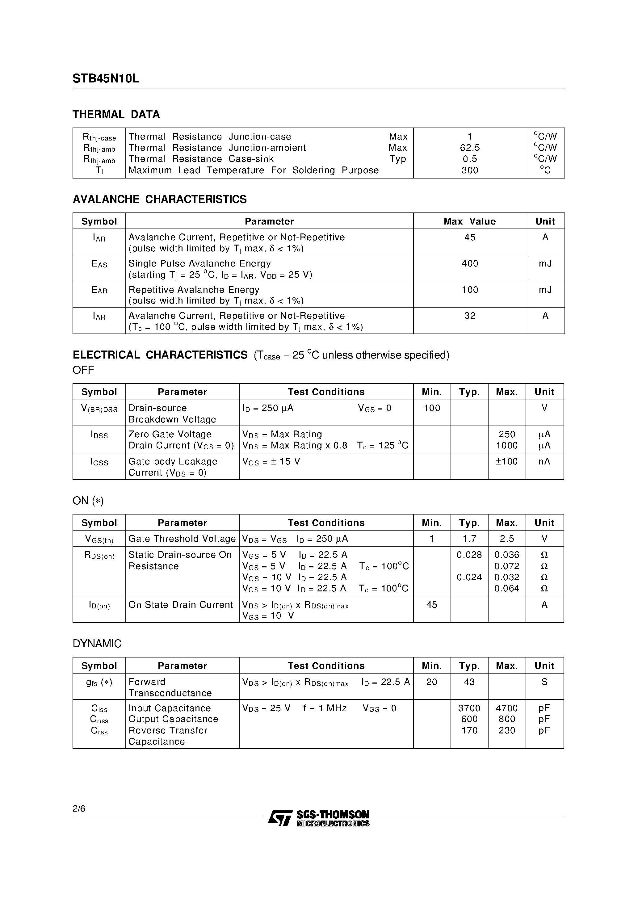 Datasheet STB45N10L - N-CHANNEL ENHANCEMENT MODE POWER MOS TRANSISTOR page 2