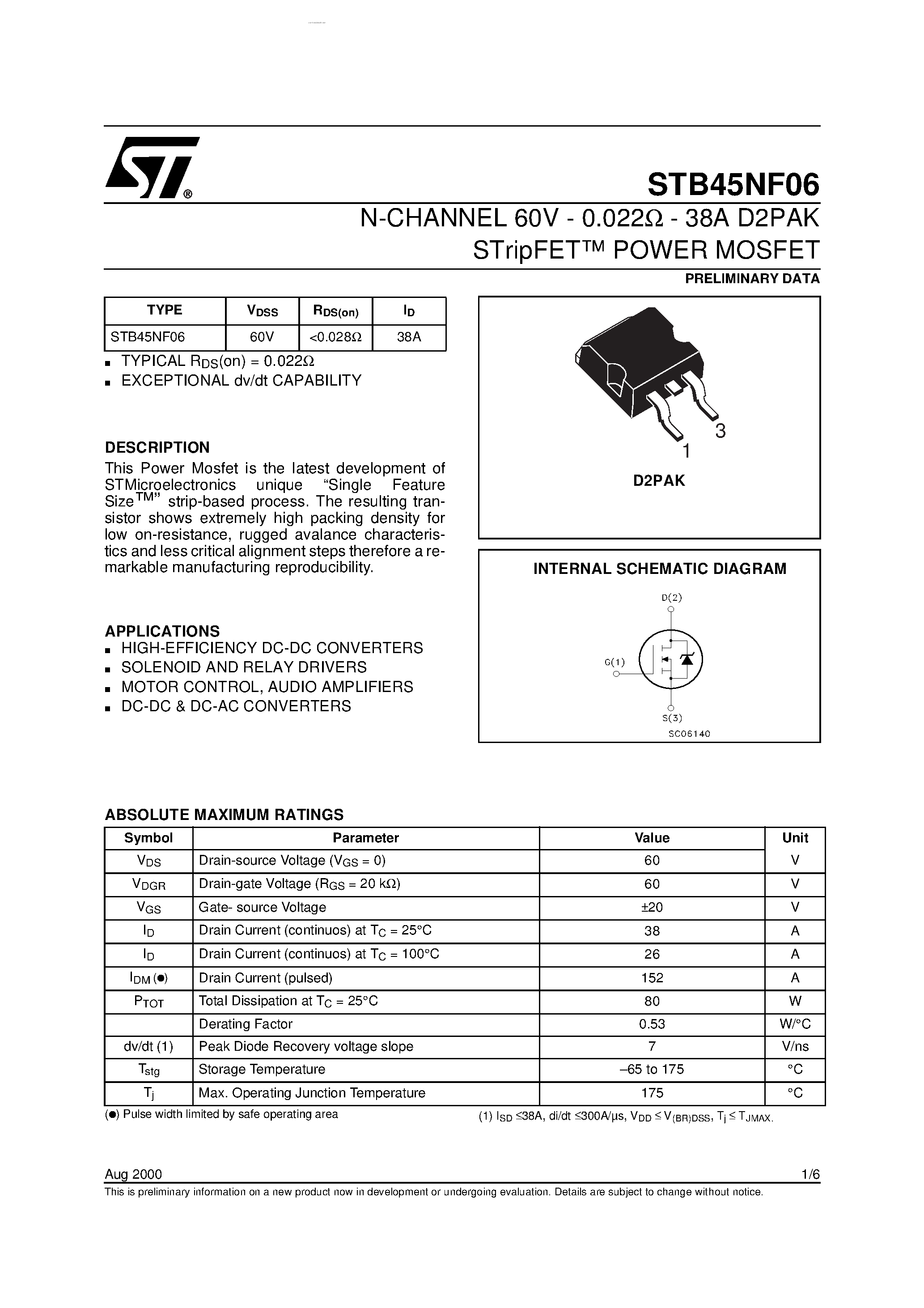 Datasheet STB45NF06 - N-CHANNEL POWER MOSFET page 1