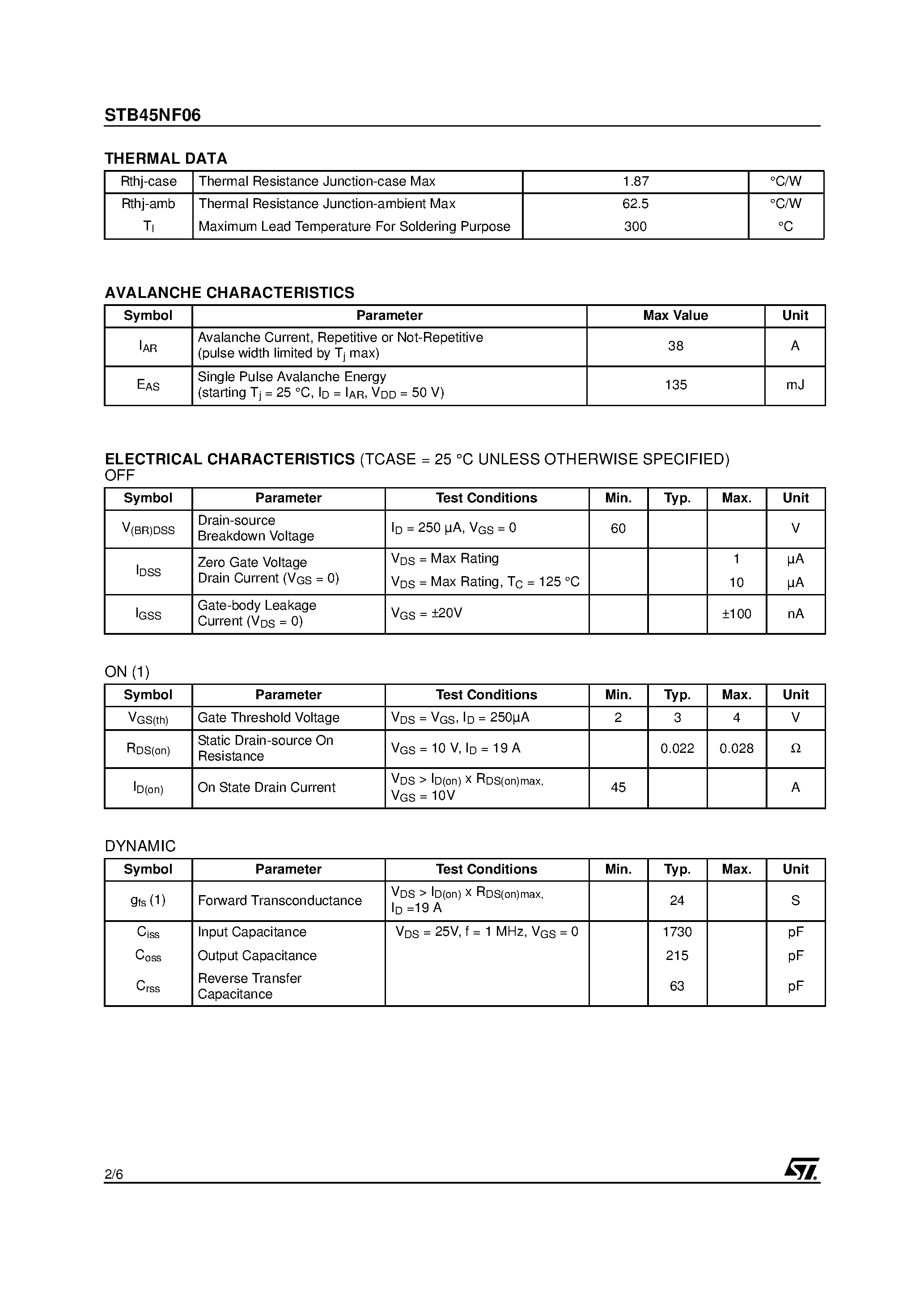 Datasheet STB45NF06 - N-CHANNEL POWER MOSFET page 2