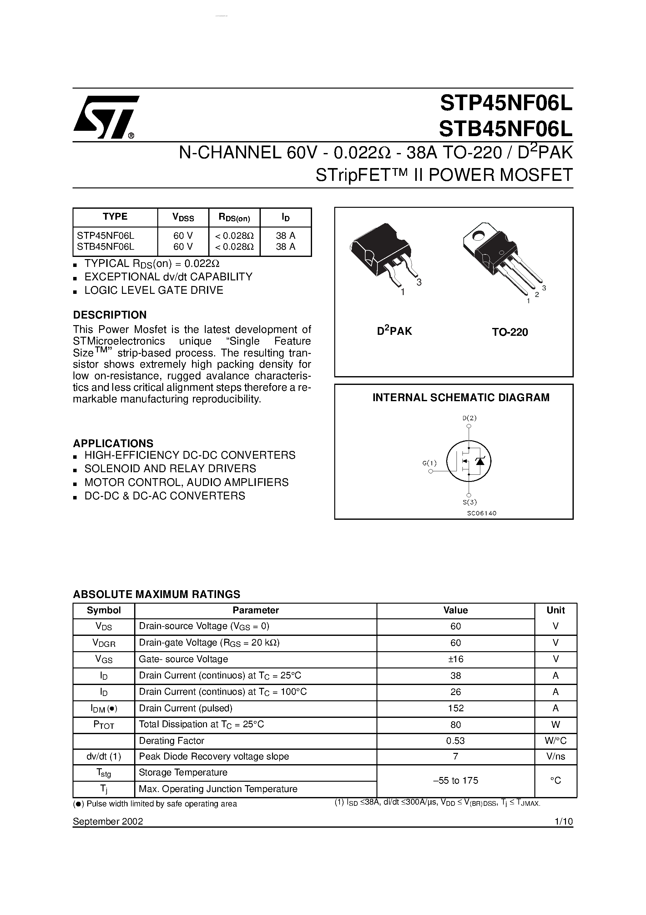Datasheet STB45NF06L - N-CHANNEL POWER MOSFET page 1