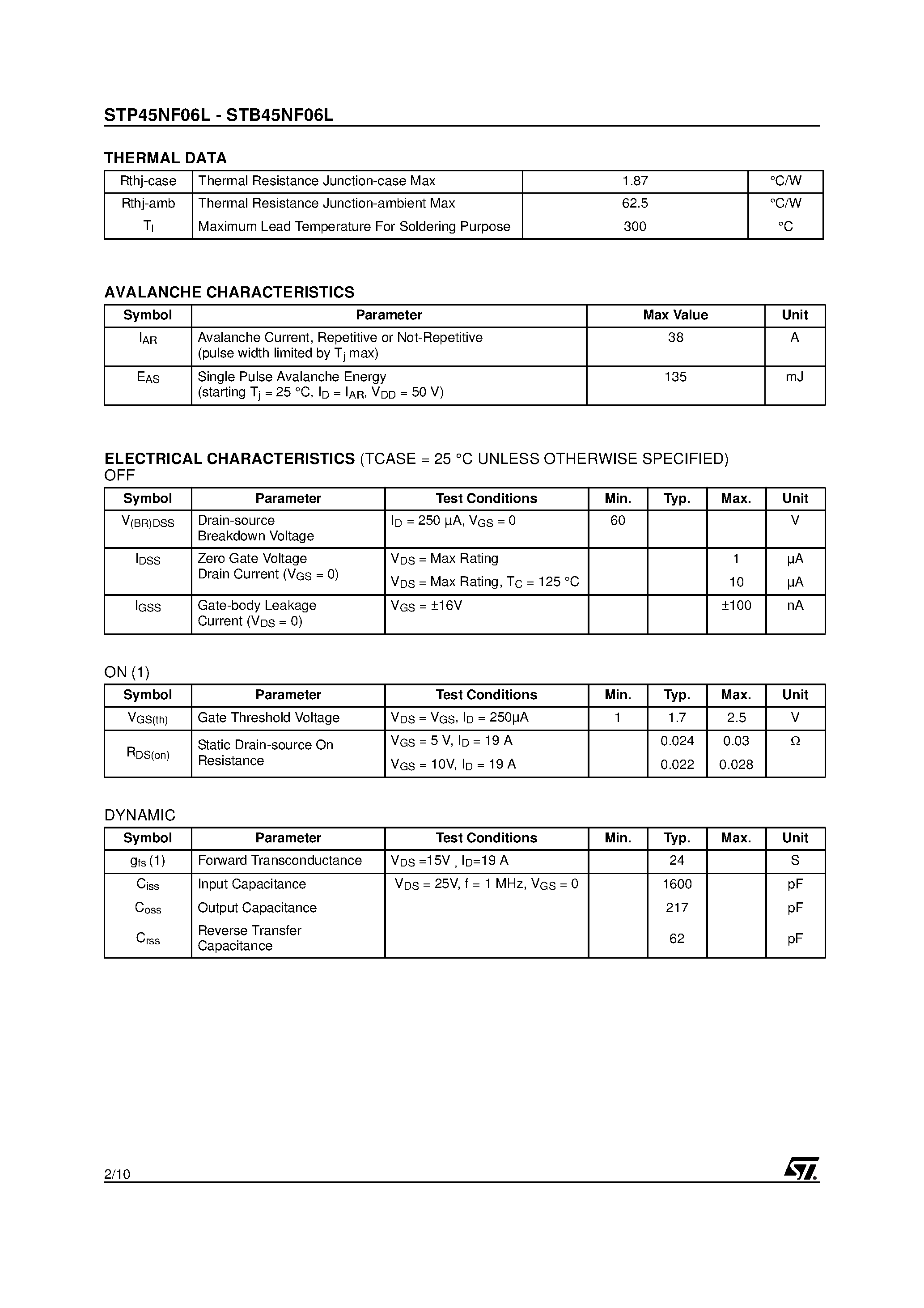 Datasheet STB45NF06L - N-CHANNEL POWER MOSFET page 2