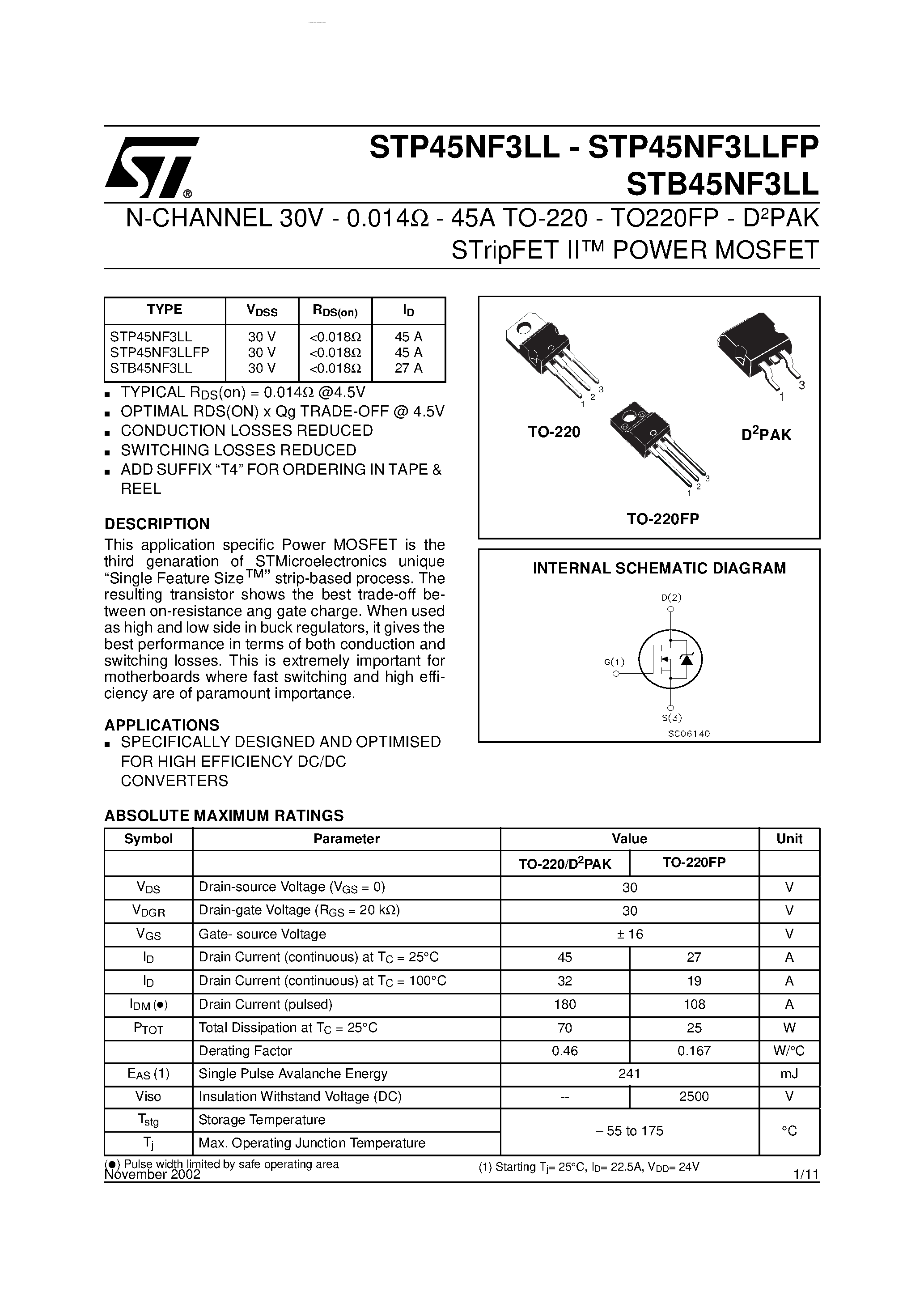 Datasheet STB45NF3LL - N-CHANNEL POWER MOSFET page 1