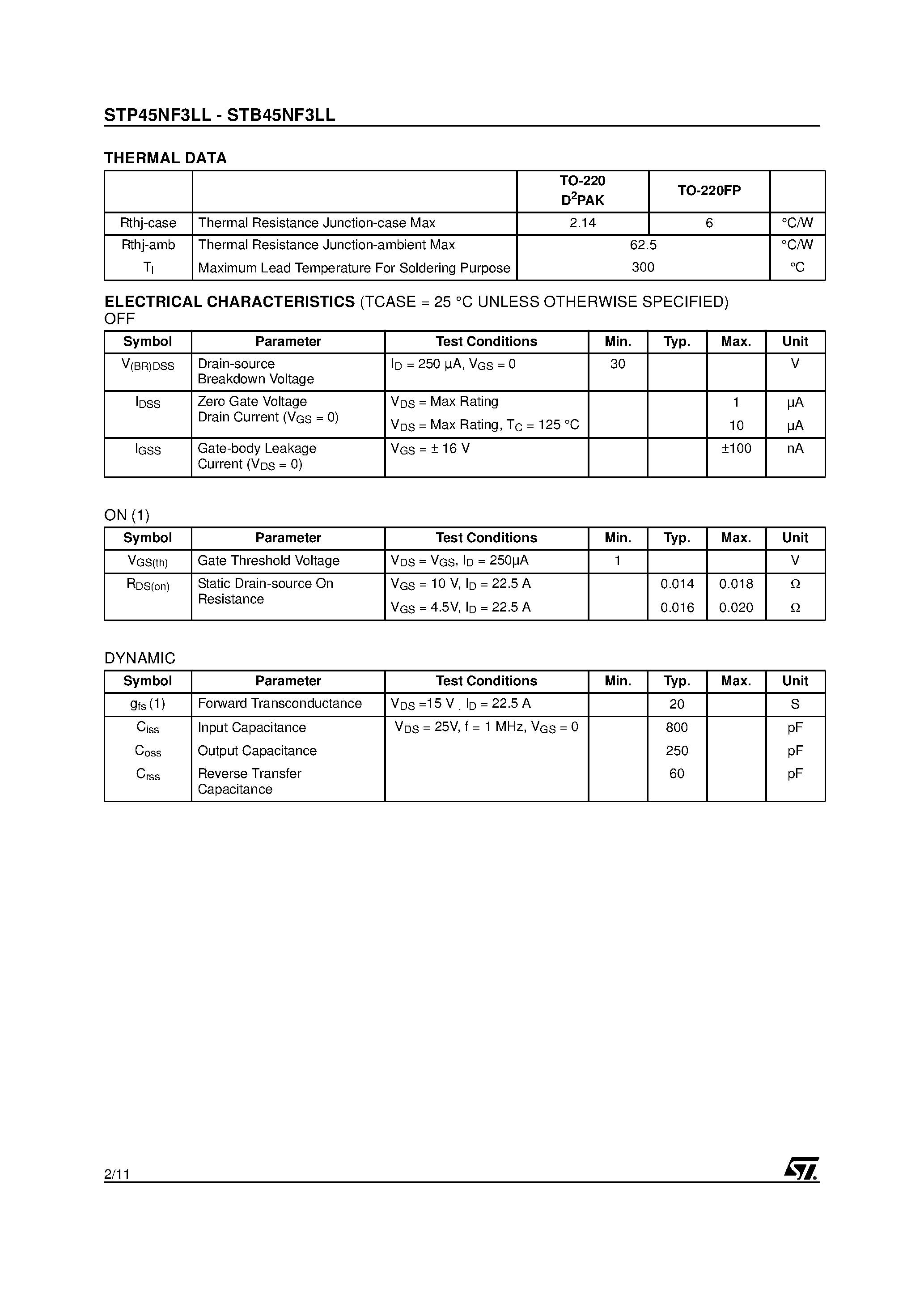 Datasheet STB45NF3LL - N-CHANNEL POWER MOSFET page 2