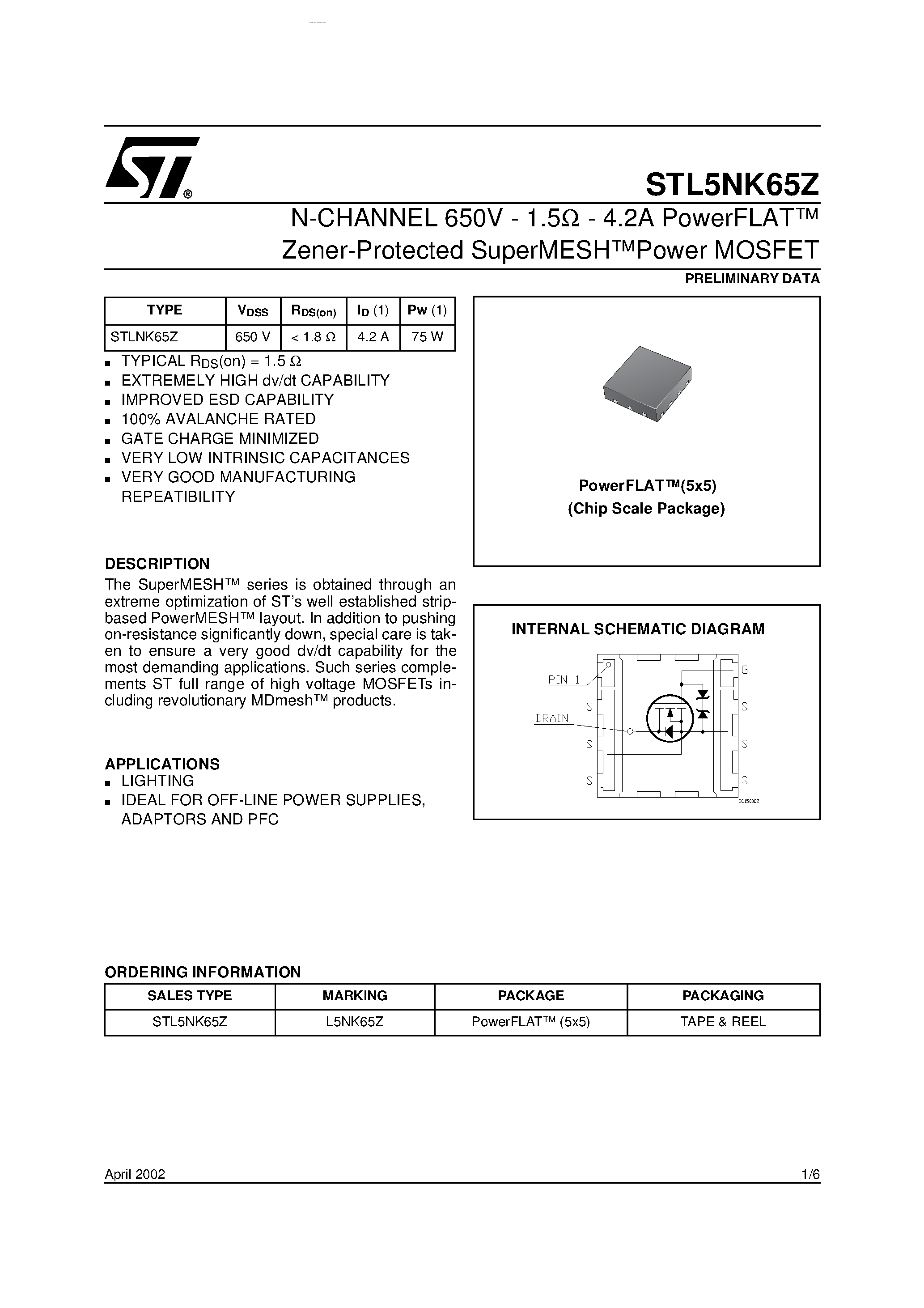 Datasheet STL5NK65Z page 1 Datasheet STL5NK65Z - N-CHANNEL POWER MOSFET page 1
