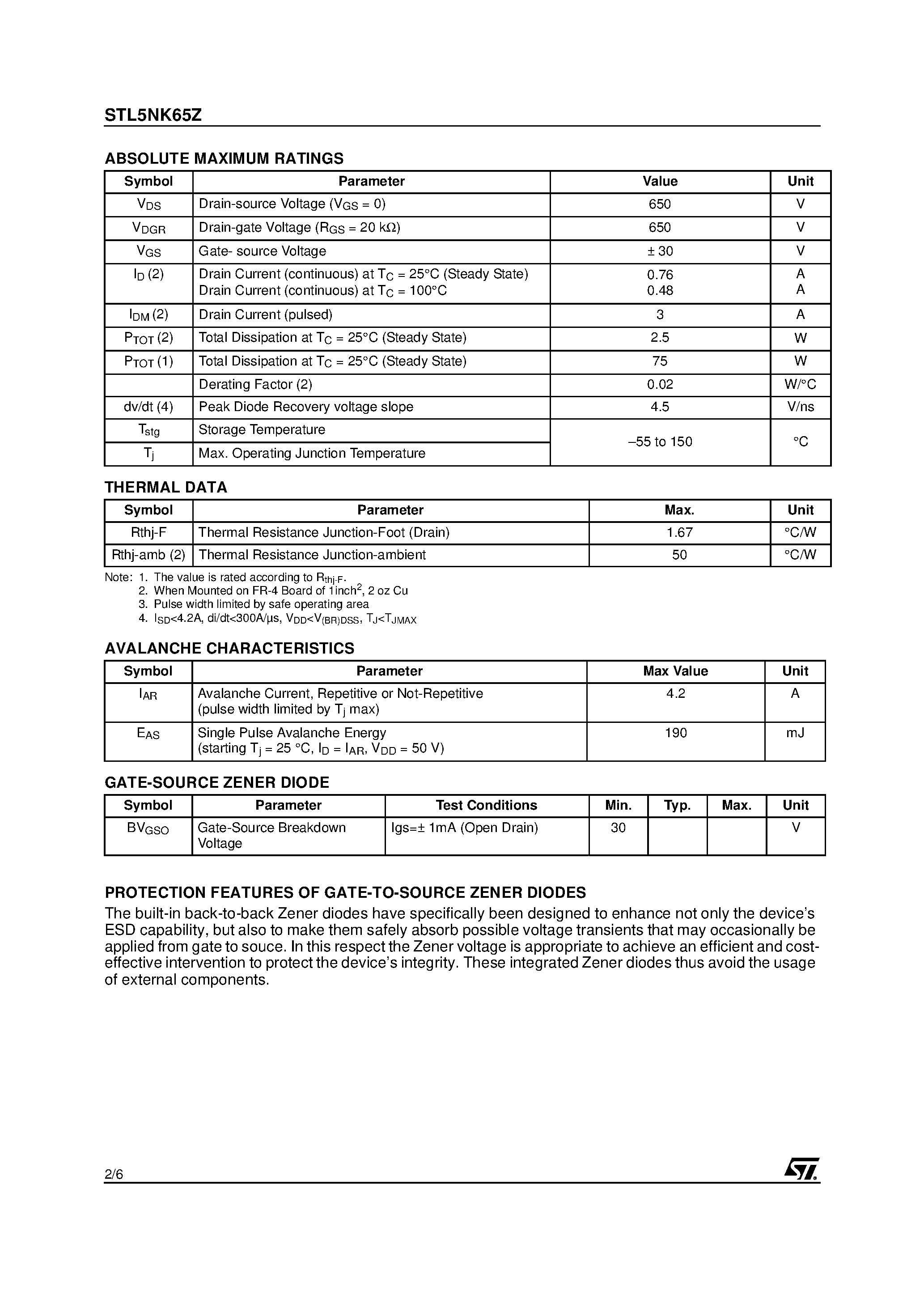 Datasheet STL5NK65Z page 2 Datasheet STL5NK65Z - N-CHANNEL POWER MOSFET page 2