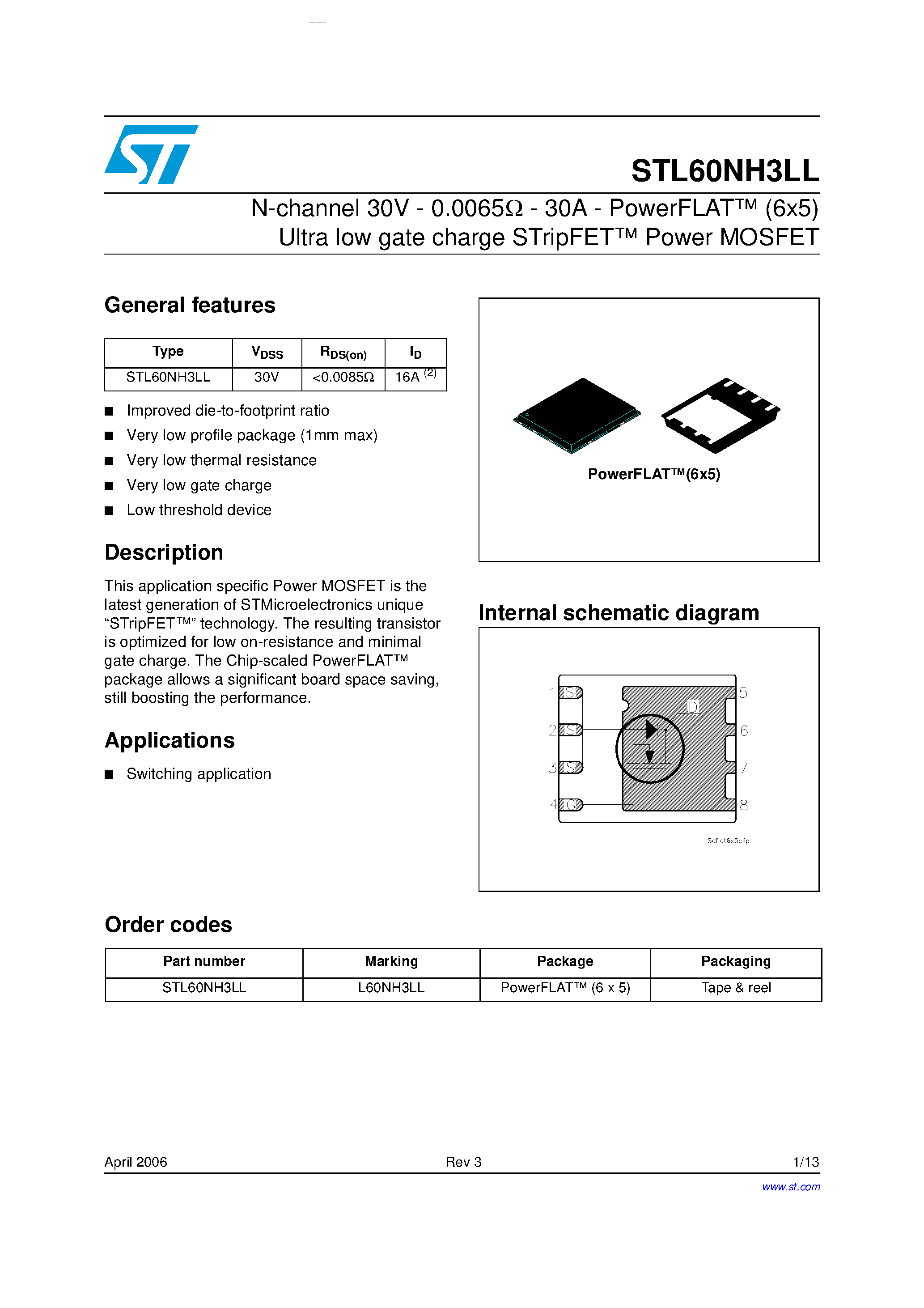 Datasheet STL60NH3LL - N-CHANNEL POWER MOSFET page 1