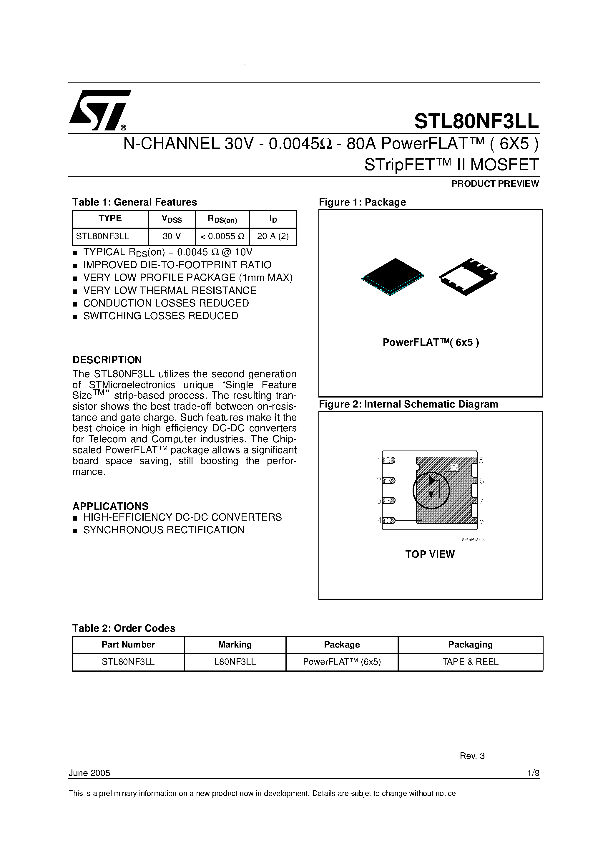 Datasheet STL80NF3LL page 1 Datasheet STL80NF3LL - N-CHANNEL POWER MOSFET page 1