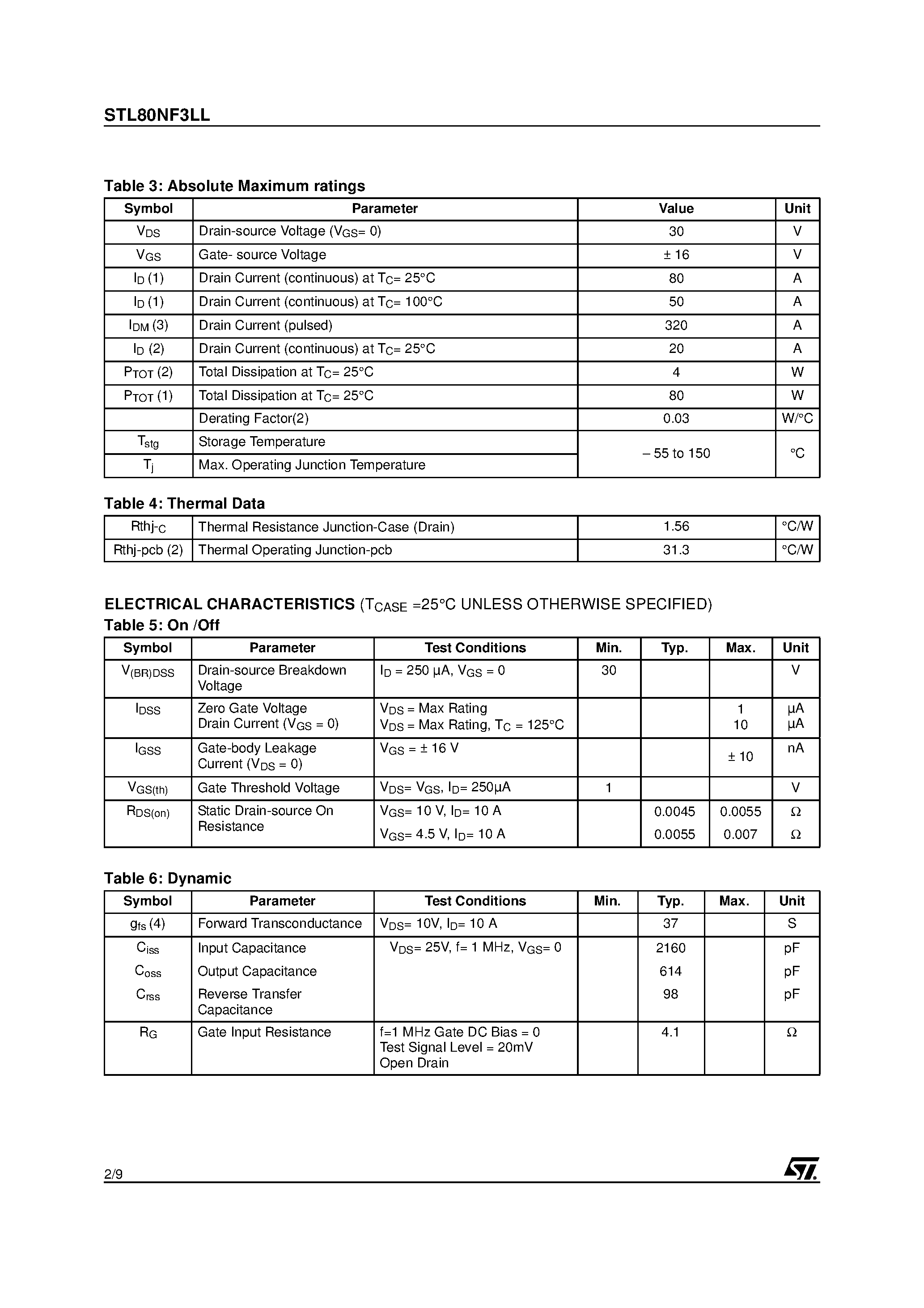 Datasheet STL80NF3LL page 2 Datasheet STL80NF3LL - N-CHANNEL POWER MOSFET page 2