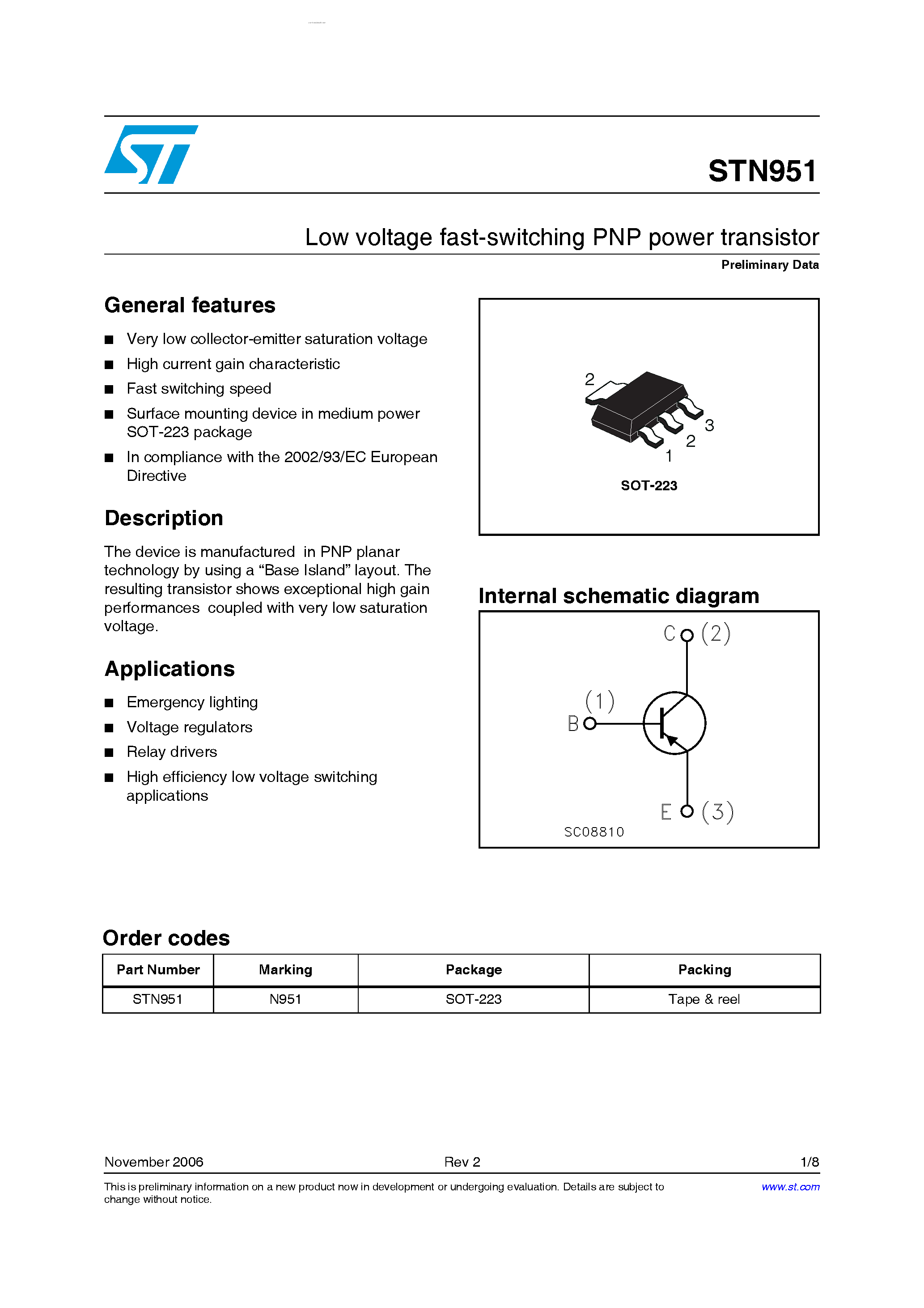 Datasheet STN951 page 1 Datasheet STN951 - Low voltage fast-switching PNP power transistor page 1