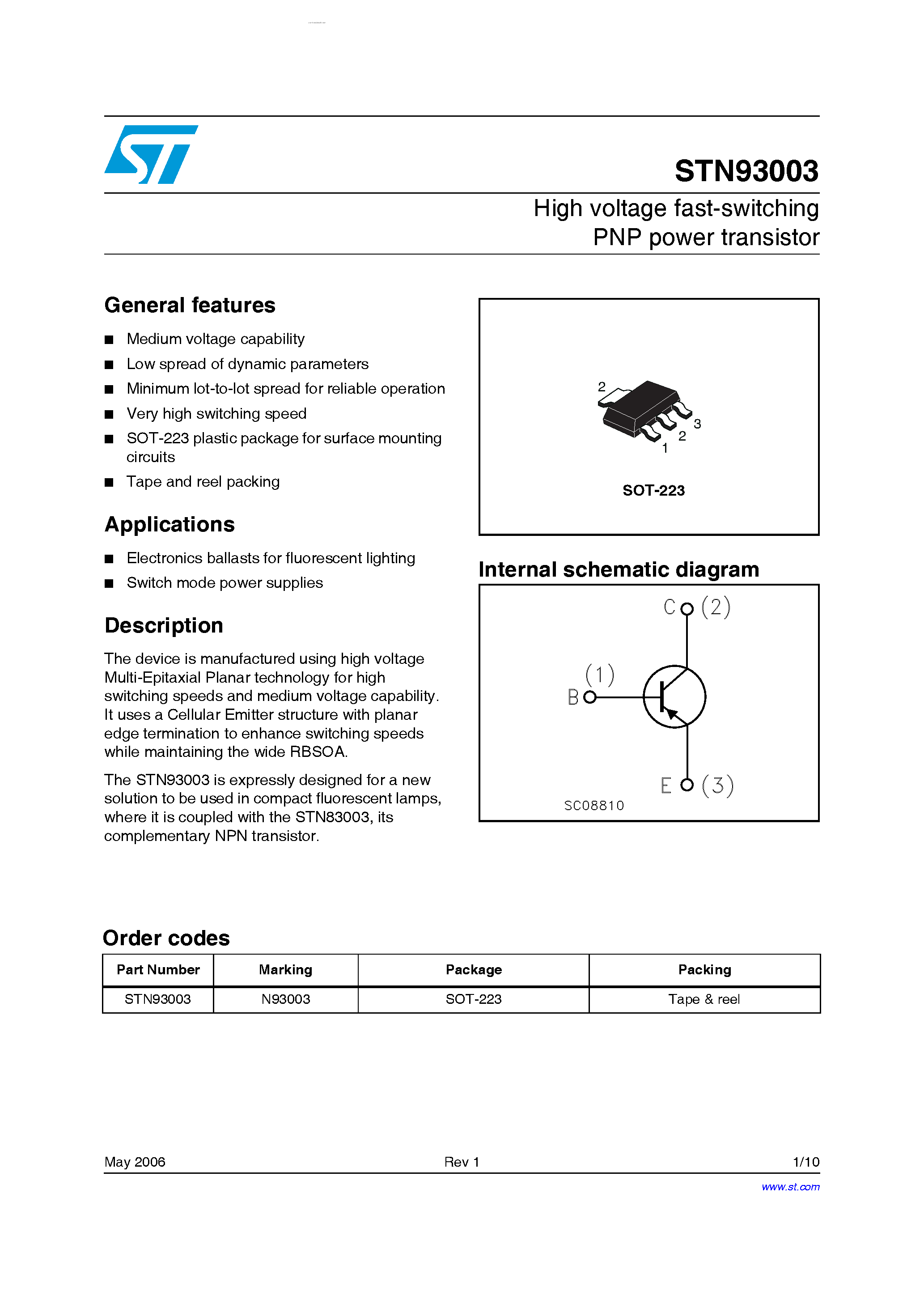 Datasheet STN93003 page 1 Datasheet STN93003 - High voltage fast-switching PNP power transistor page 1
