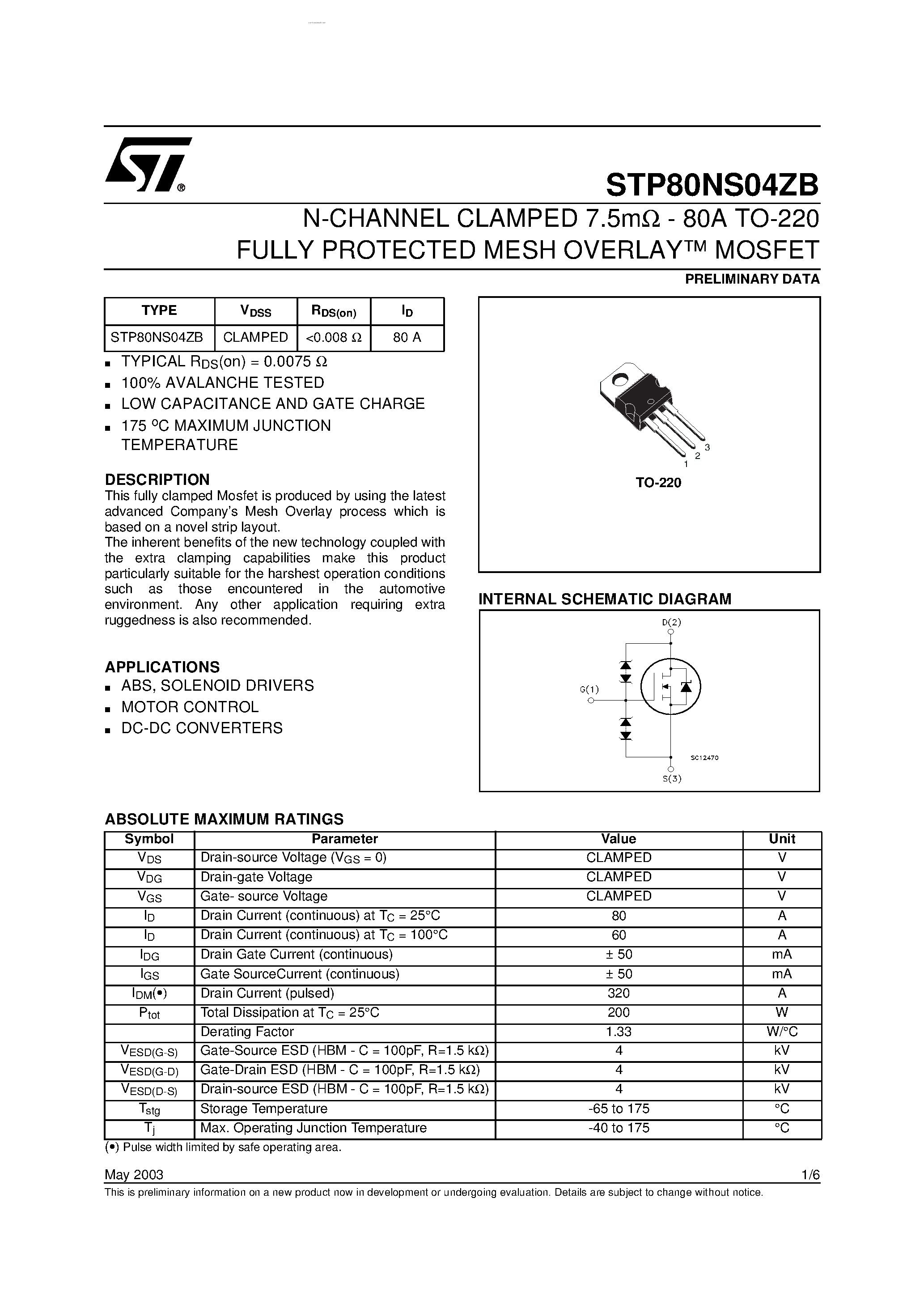 Datasheet STP80NS04ZB page 1 Datasheet STP80NS04ZB - N-CHANNEL POWER MOSFET page 1