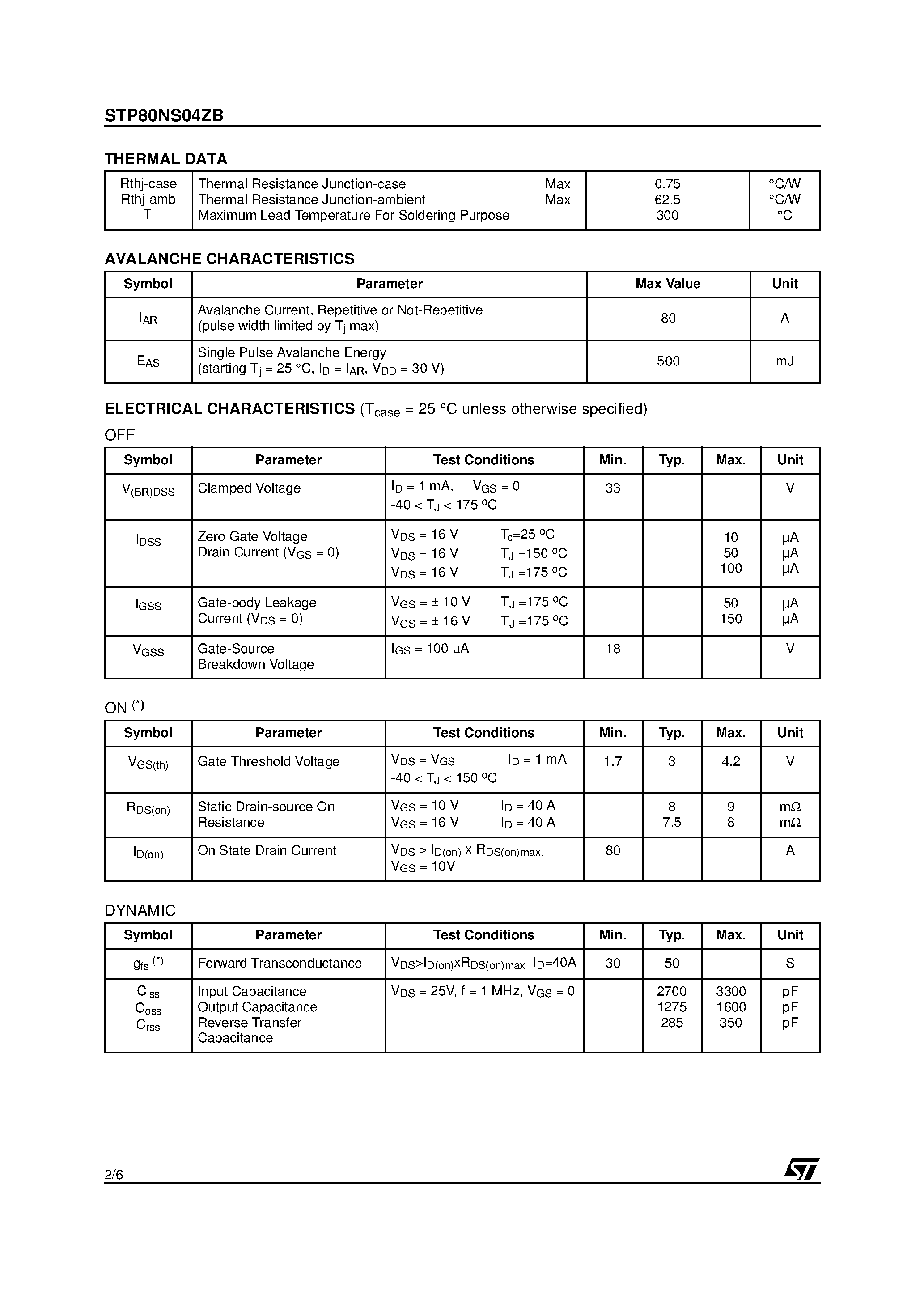 Datasheet STP80NS04ZB page 2 Datasheet STP80NS04ZB - N-CHANNEL POWER MOSFET page 2