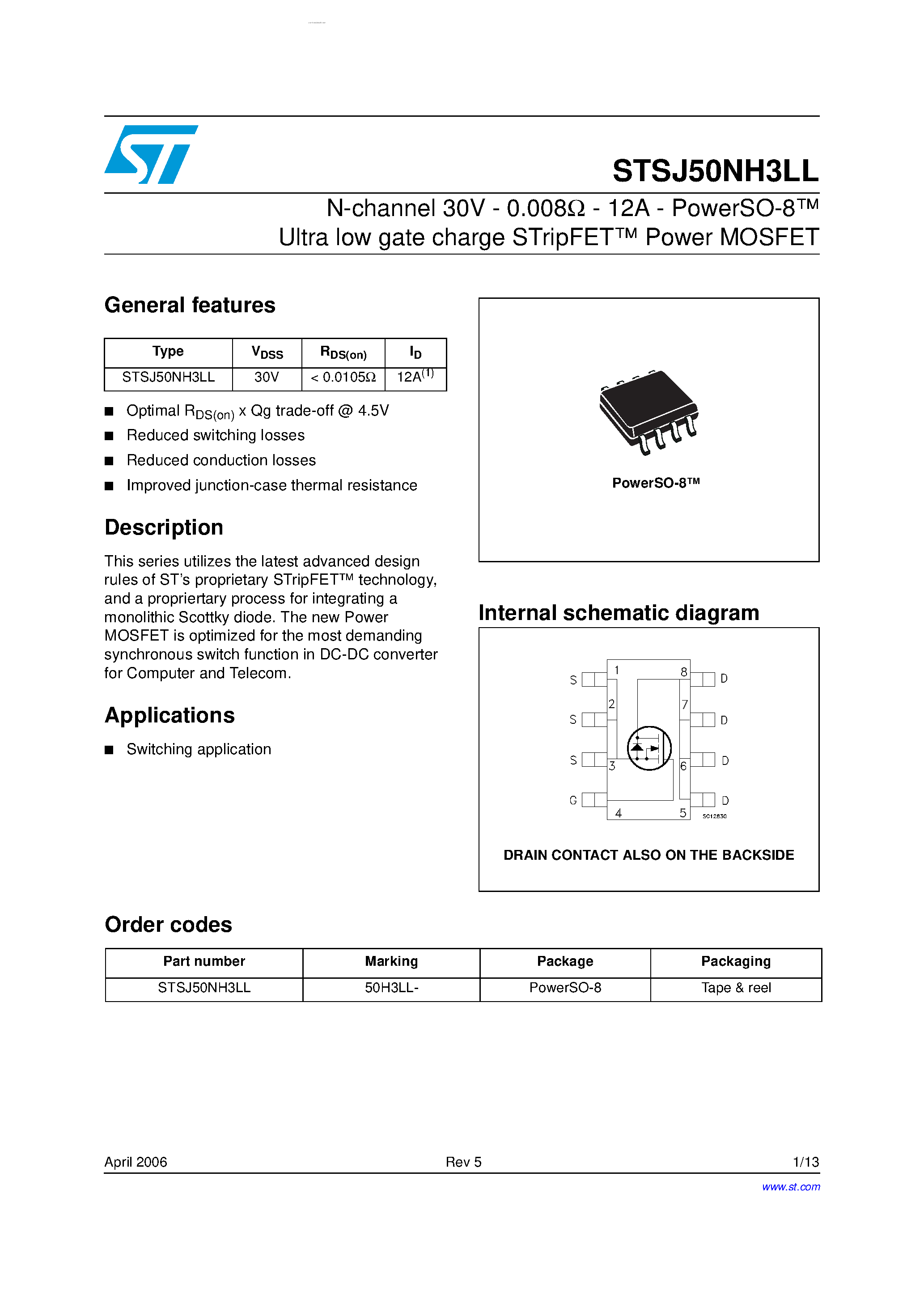 Даташит STSJ50NH3LL - N-CHANNEL POWER MOSFET страница 1