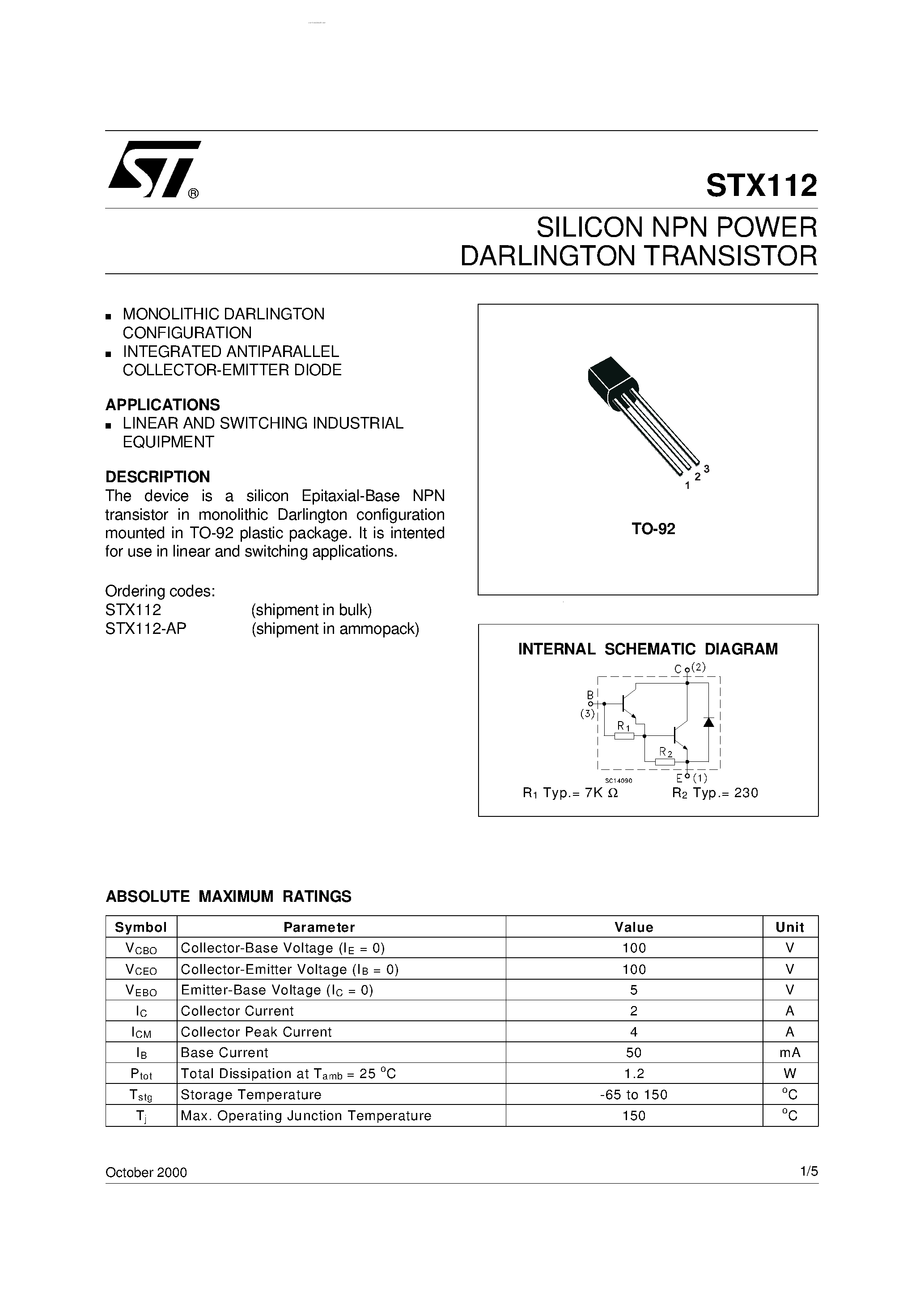 Datasheet STX112 page 1 Datasheet STX112 - SILICON NPN POWER DARLINGTON TRANSISTOR page 1