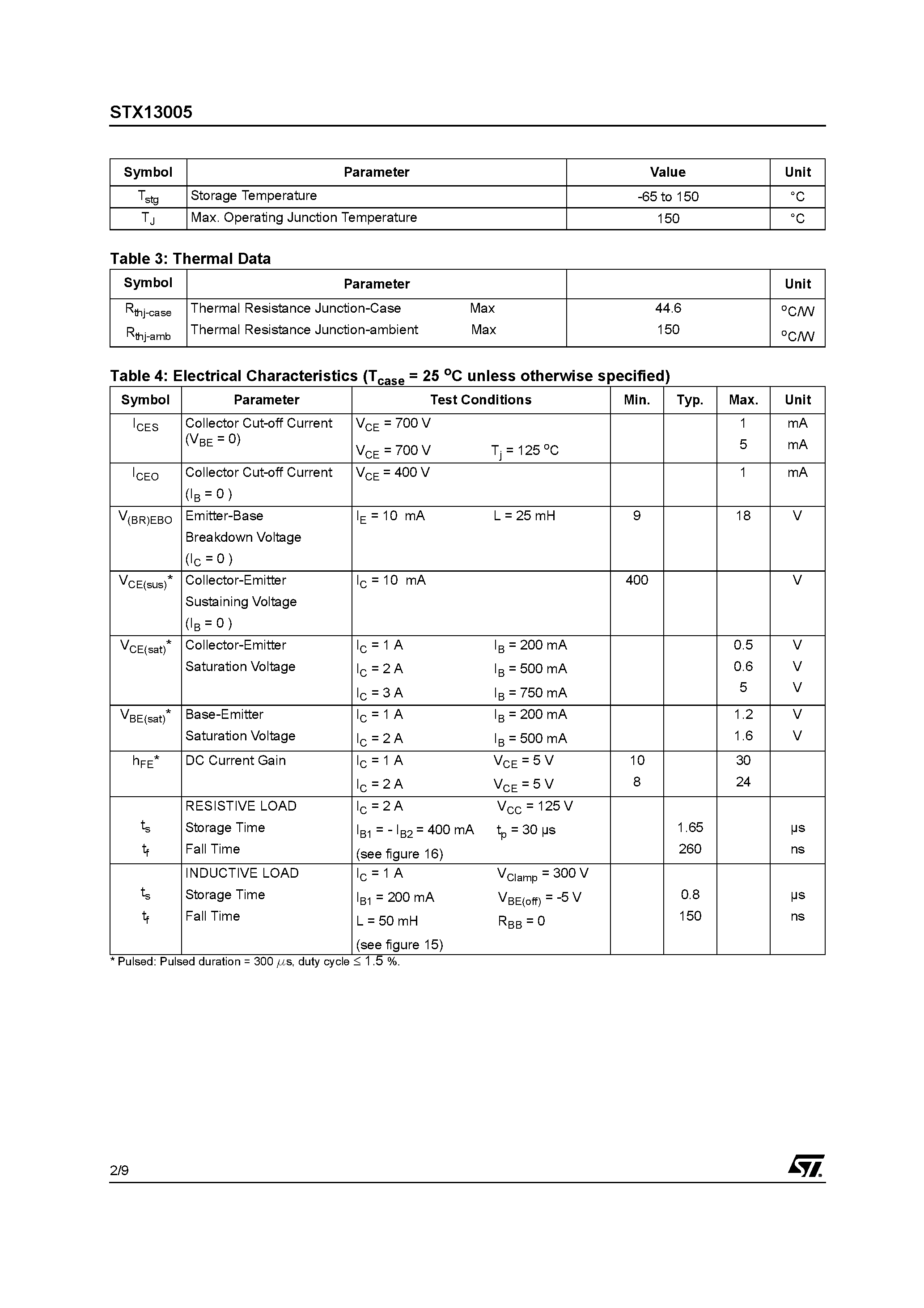 Datasheet STX13005 page 2 Datasheet STX13005 - HIGH VOLTAGE FAST-SWITCHING NPN POWER TRANSISTOR page 2