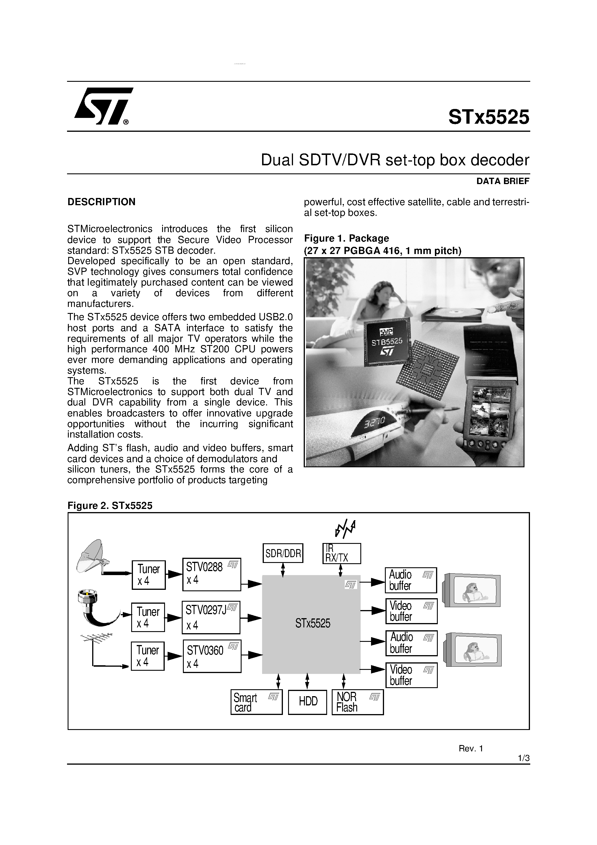 Datasheet STX5525 page 1 Datasheet STX5525 - Dual SDTV/DVR set-top box decoder page 1