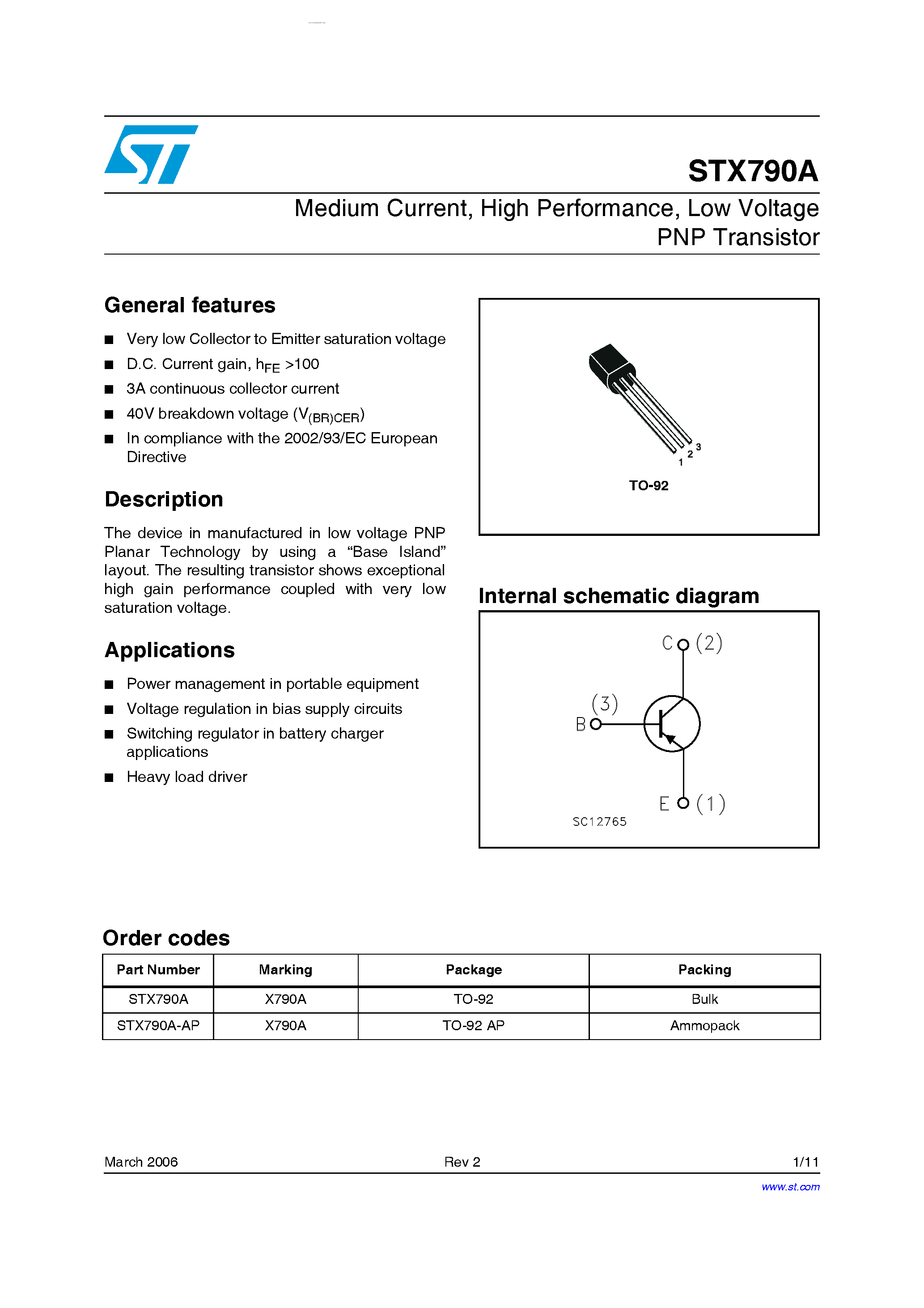 Datasheet STX790A page 1 Datasheet STX790A - Low Voltage PNP Transistor page 1