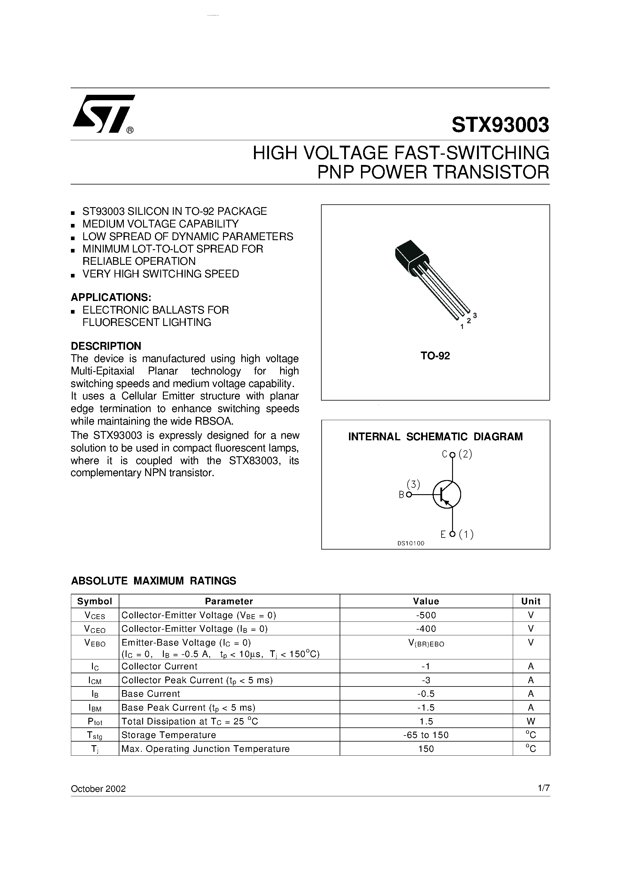 Даташит STX93003 - HIGH VOLTAGE FAST-SWITCHING PNP POWER TRANSISTOR страница 1