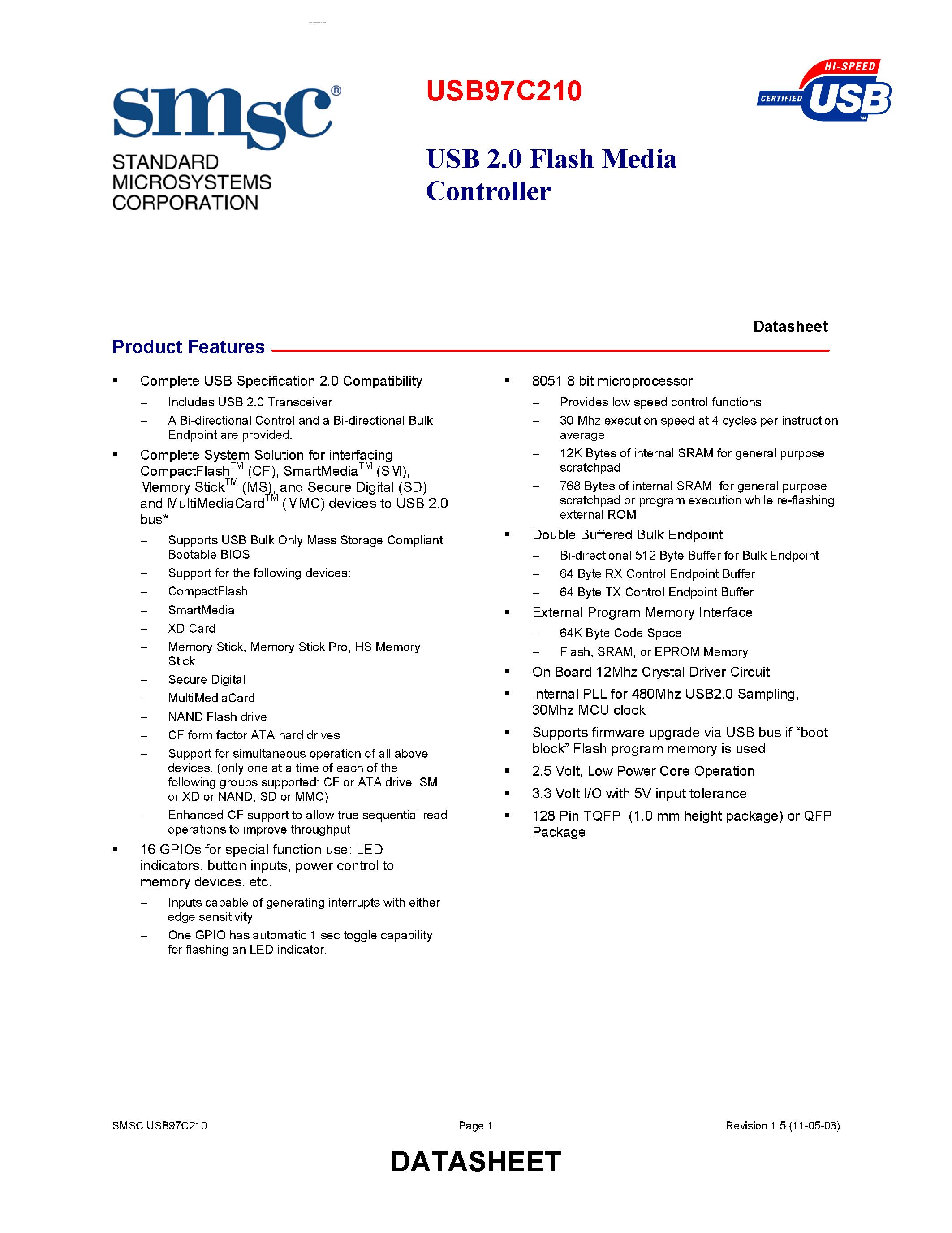 Datasheet USB97C210 - USB 2.0 FLASH MEDIA CONTROLLER page 1