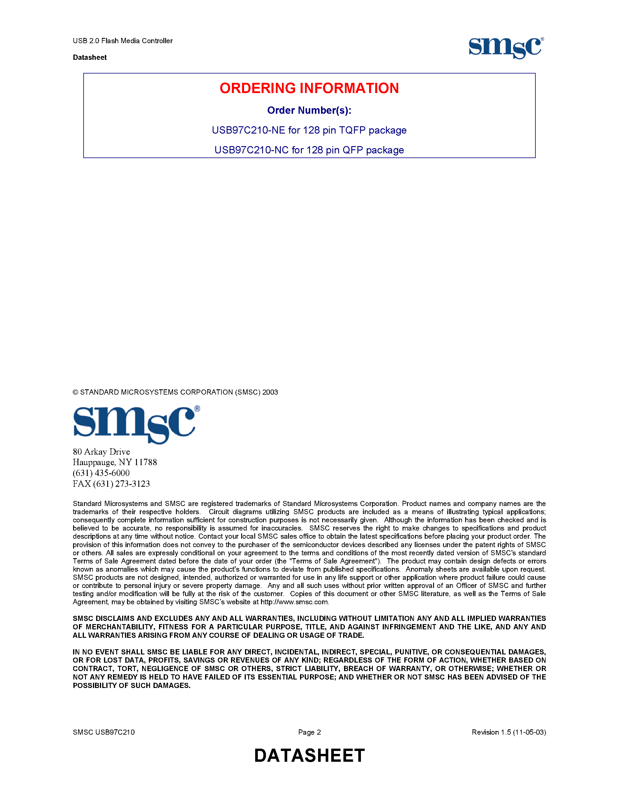 Datasheet USB97C210 - USB 2.0 FLASH MEDIA CONTROLLER page 2