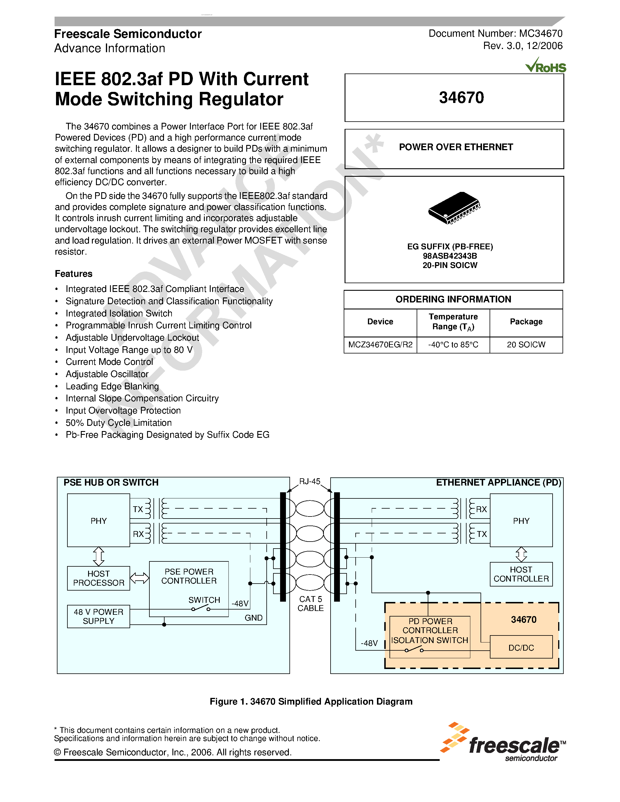 Datasheet MC34670 page 1 Datasheet MC34670 - IEEE 802.3af PD page 1
