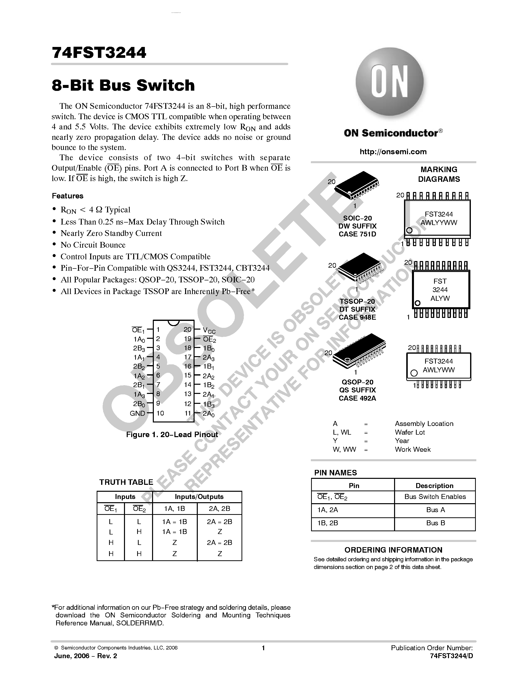 Даташит на микросхему 74FST3244 страница 1 Даташит 74FST3244 - 8-Bit Bus Switch страница 1