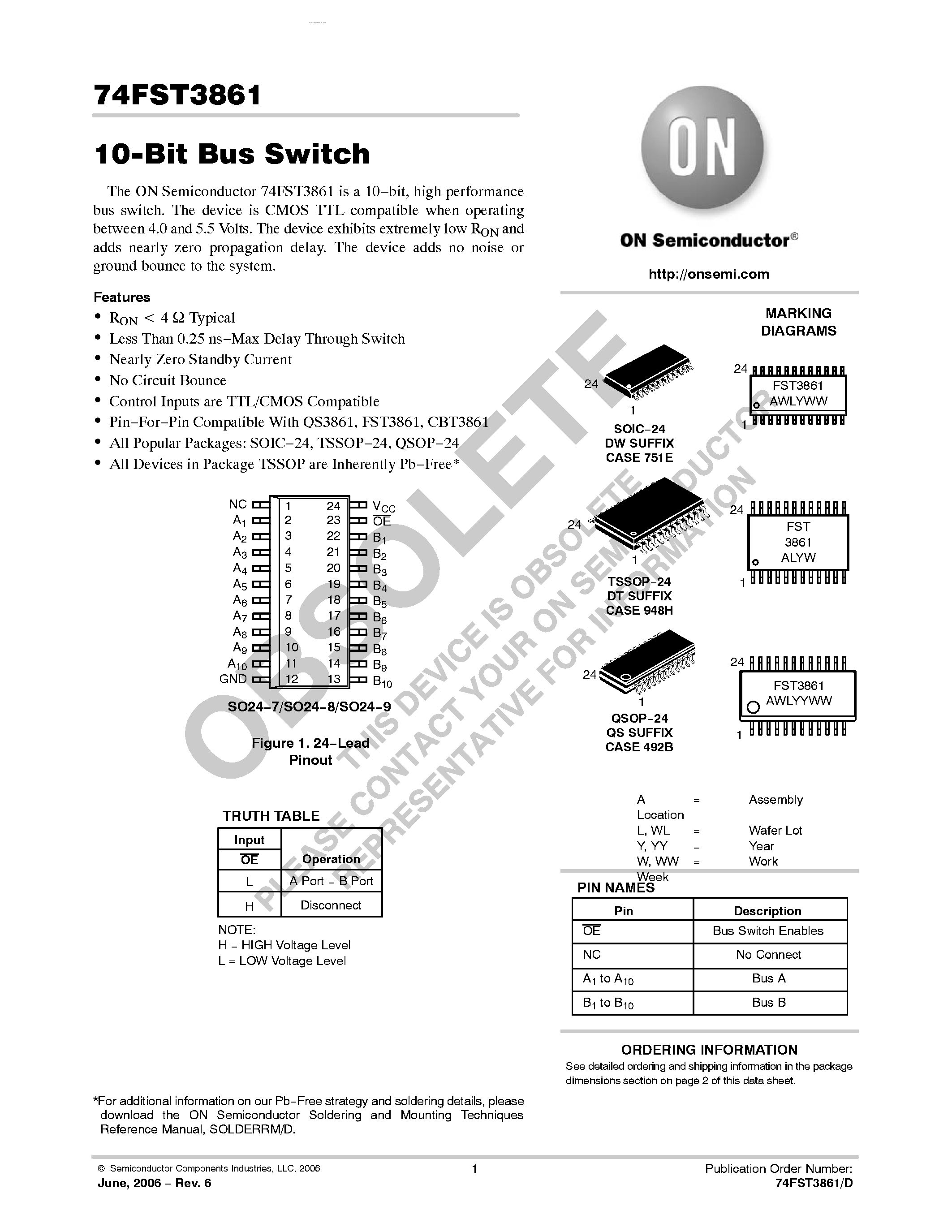 Даташит 74FST3861 - 10-Bit Bus Switch страница 1