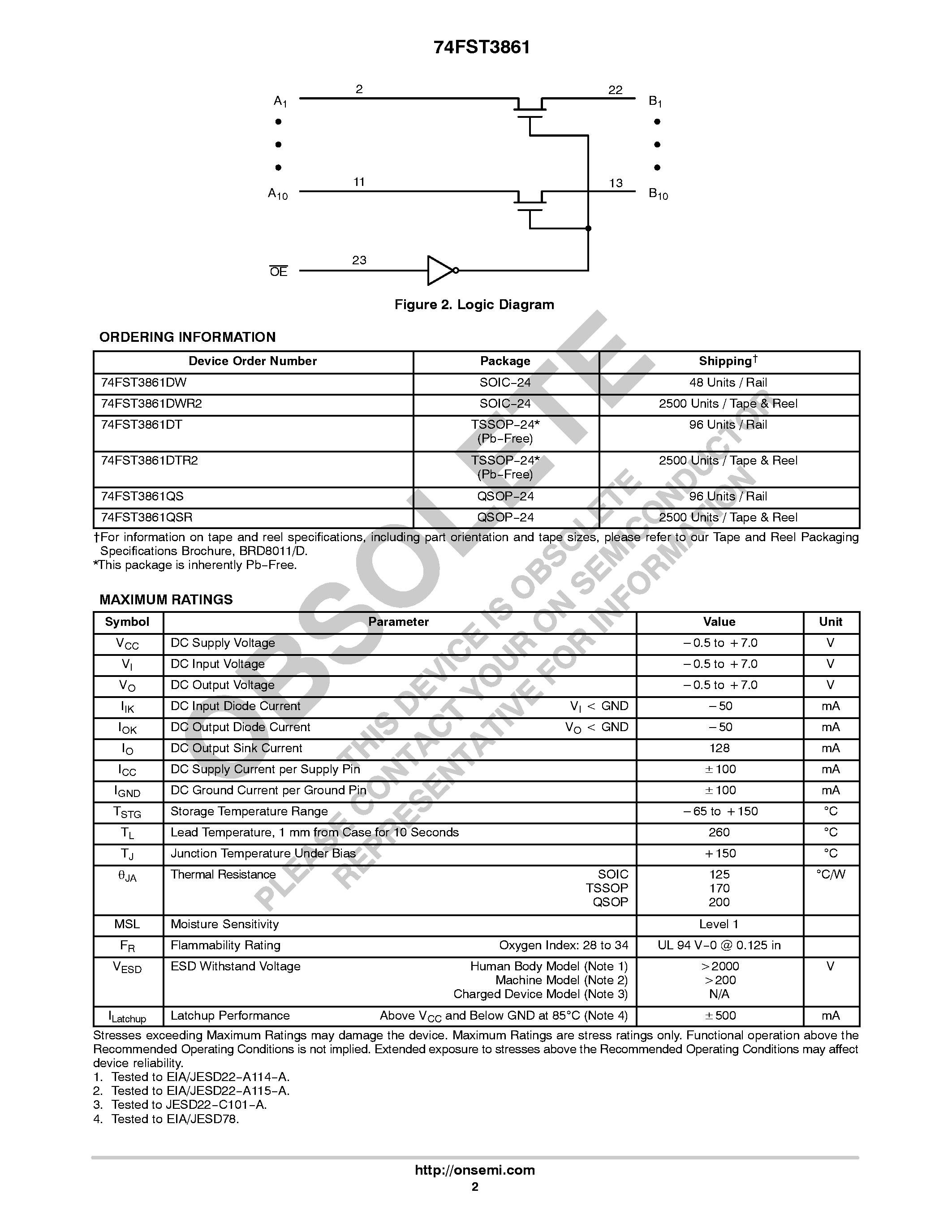 Datasheet 74FST3861 page 2 Datasheet 74FST3861 - 10-Bit Bus Switch page 2