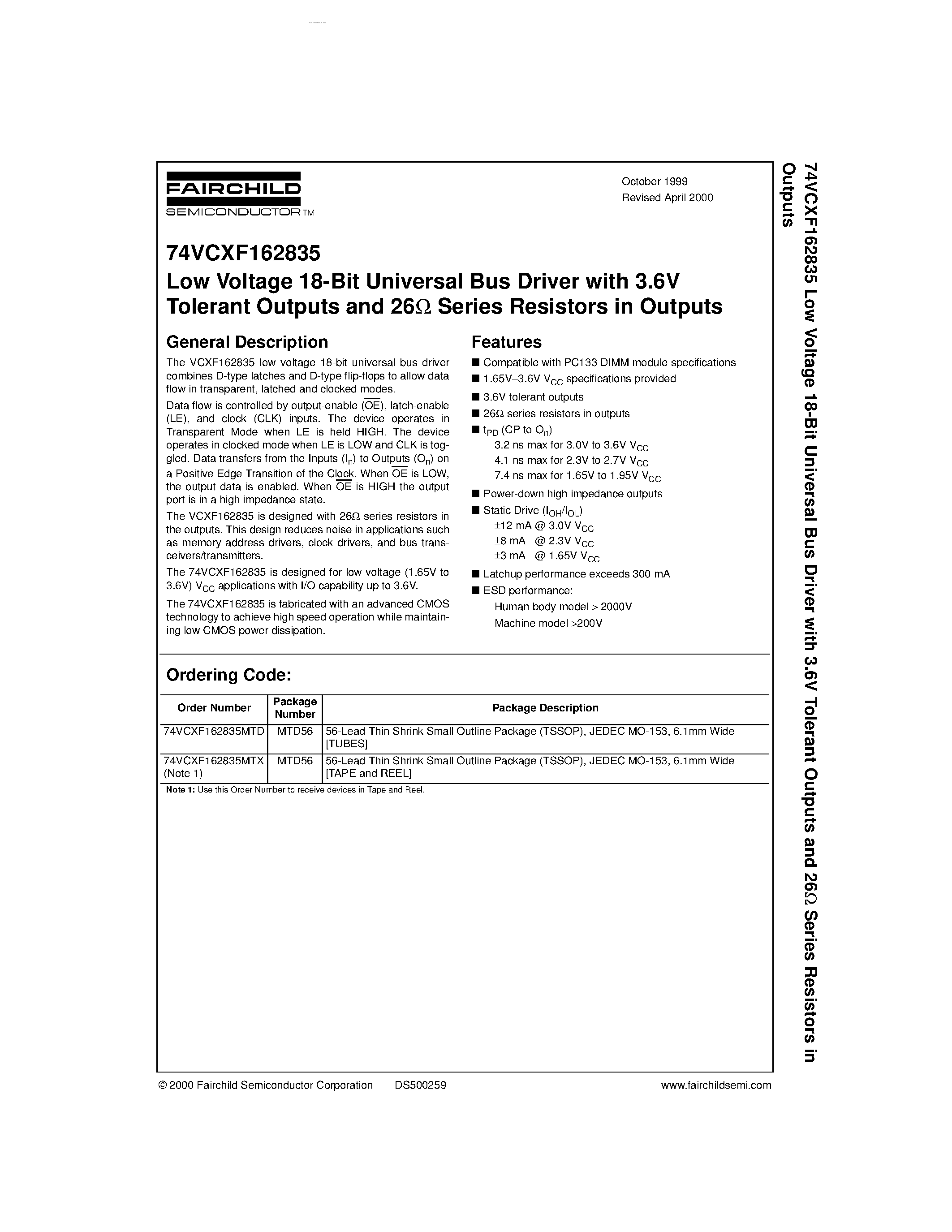 Datasheet 74VCXH162835 - Low Voltage 18-Bit Universal Bus Driver page 1