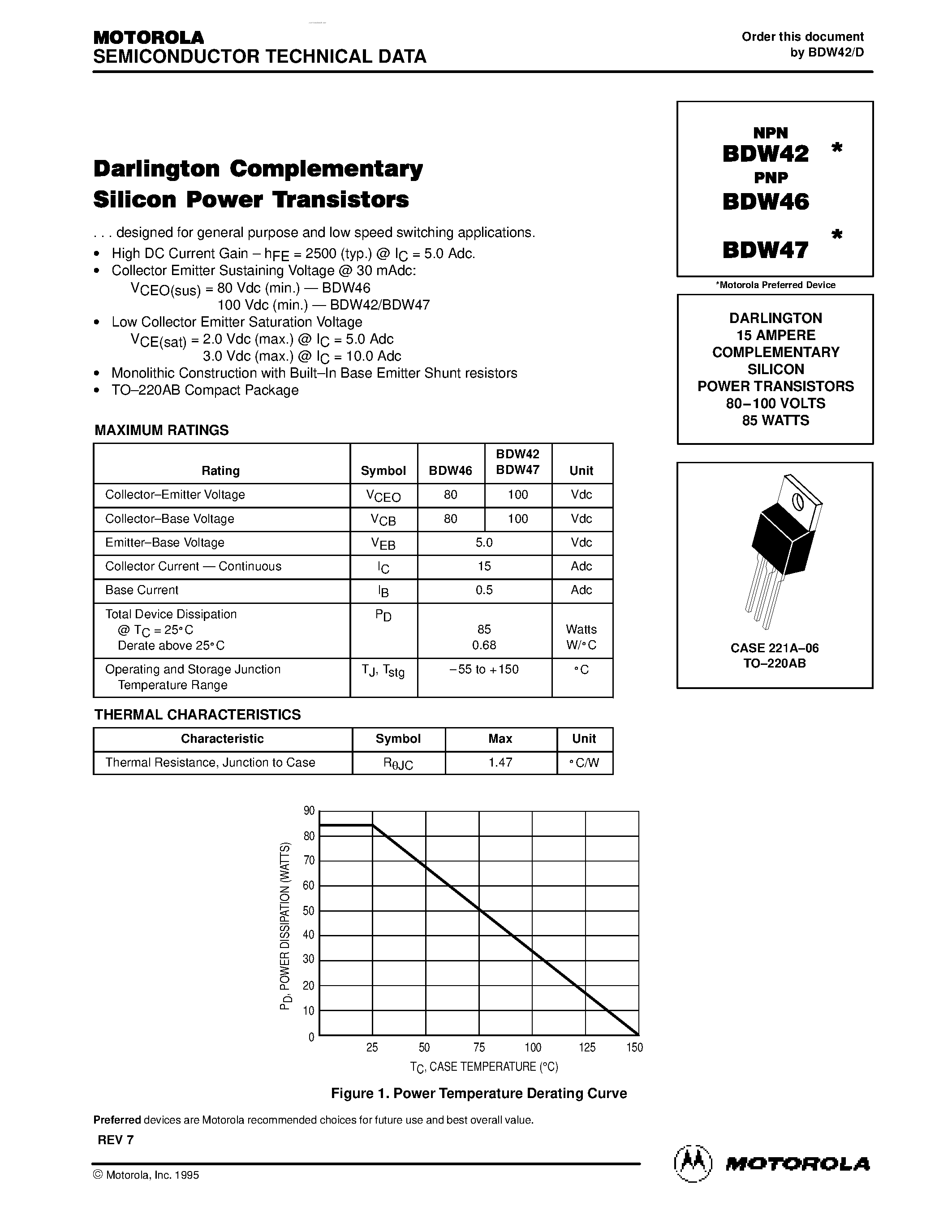 Datasheet BDW47 page 1 Datasheet BDW47 - DARLINGTON COMPLEMENTARY SILICON POWER TRANSISTORS page 1