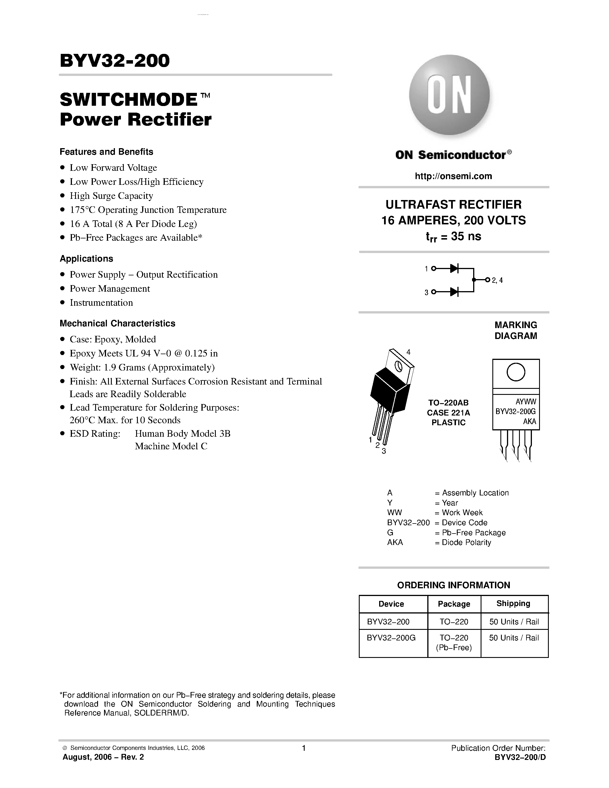 Datasheet BYV32-200 - Power Rectifier page 1