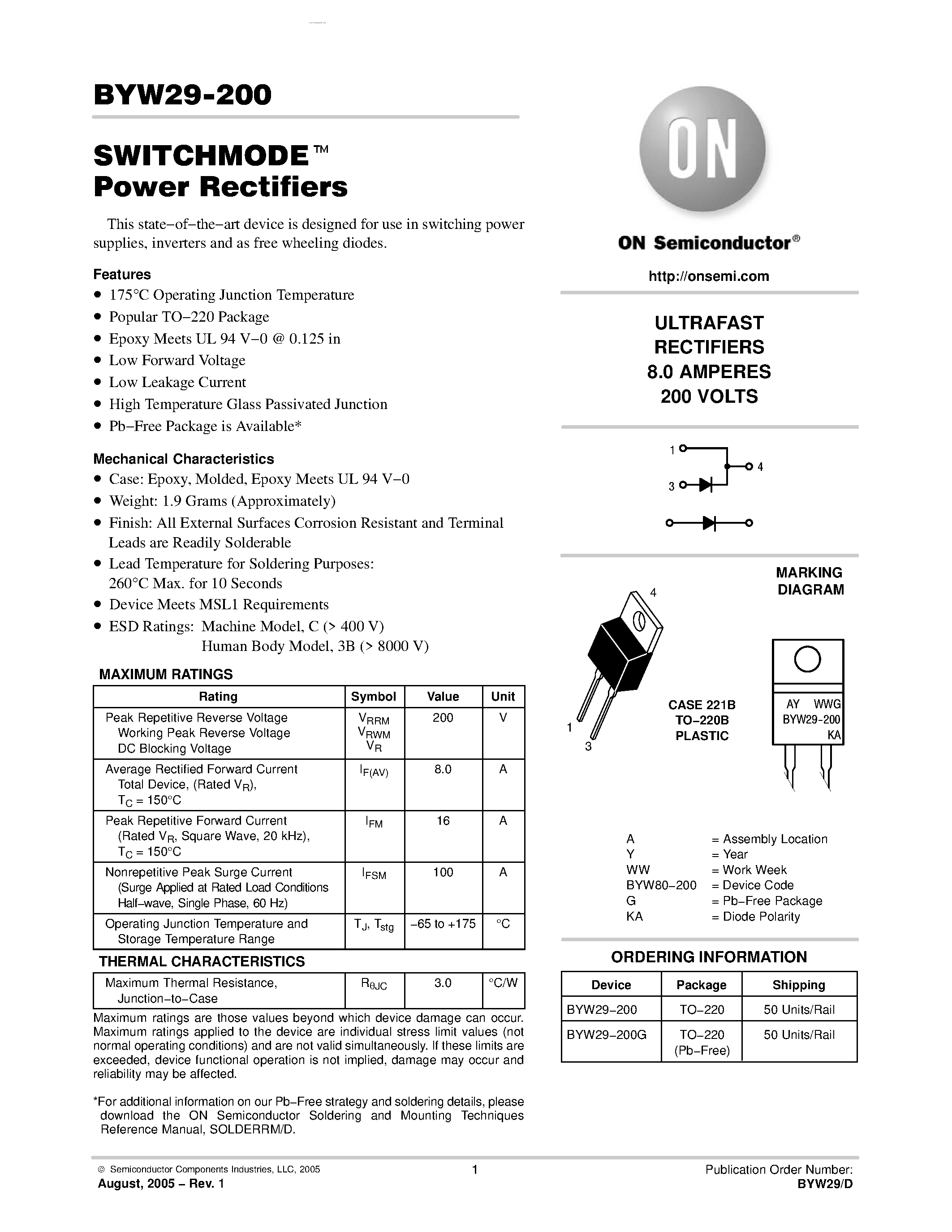 Datasheet BYW29-200 page 1 Datasheet BYW29-200 - Power Rectifiers page 1