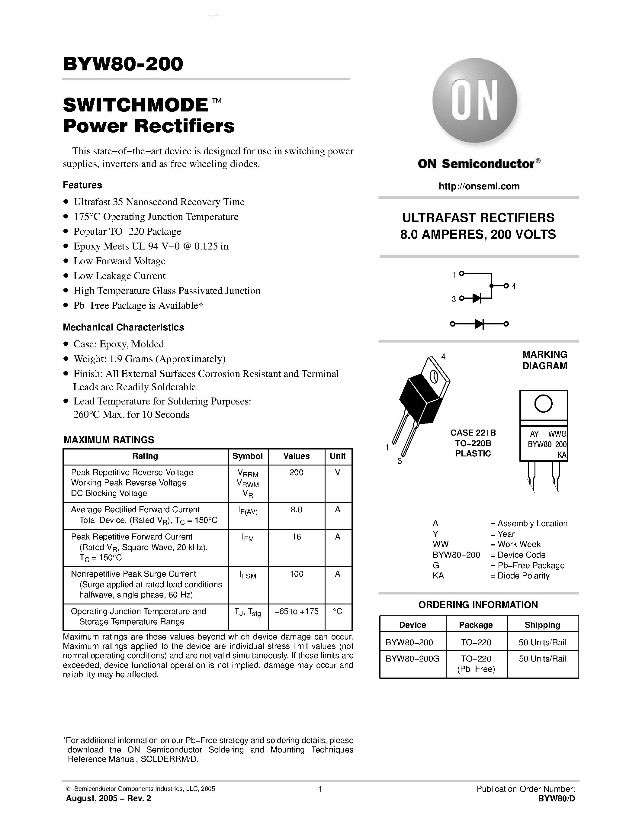 Datasheet BYW80-200 page 1 Datasheet BYW80-200 - Power Rectifiers page 1