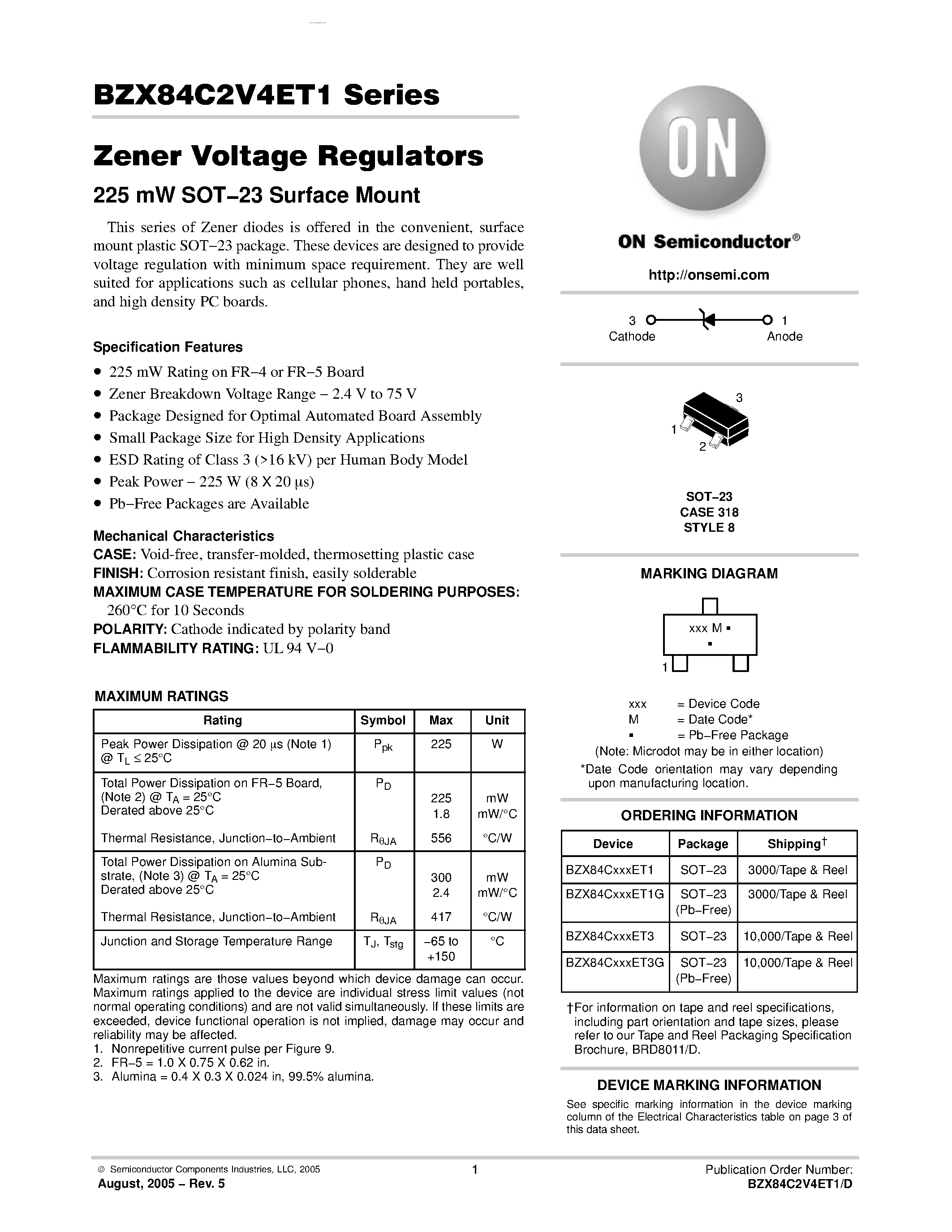 Datasheet BZX84C2V4ET1 - Zener Voltage Regulators page 1