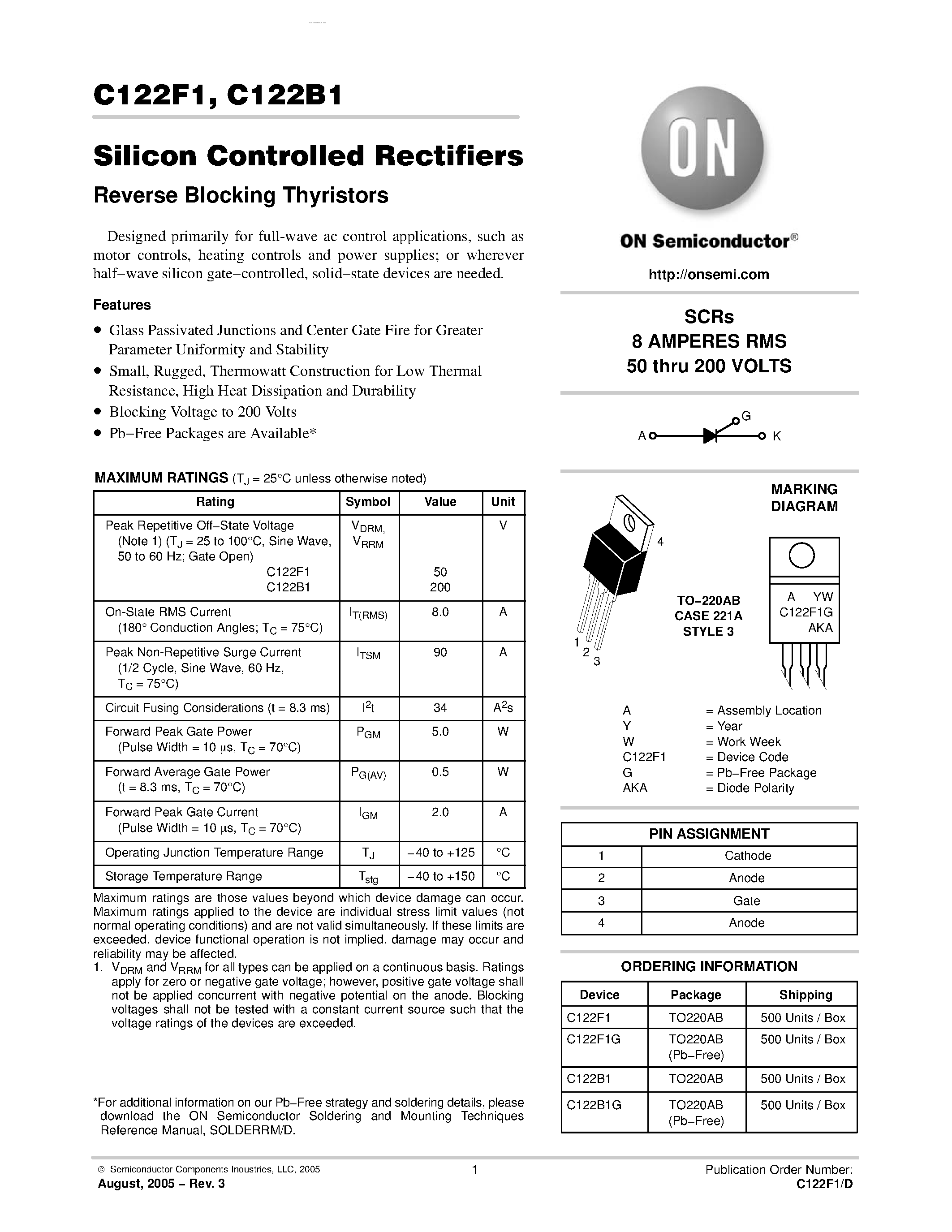 Datasheet C122B1 page 1 Datasheet C122B1 - (C122B1 / C122F1) Silicon Controlled Rectifiers Reverse Blocking Thyristors page 1