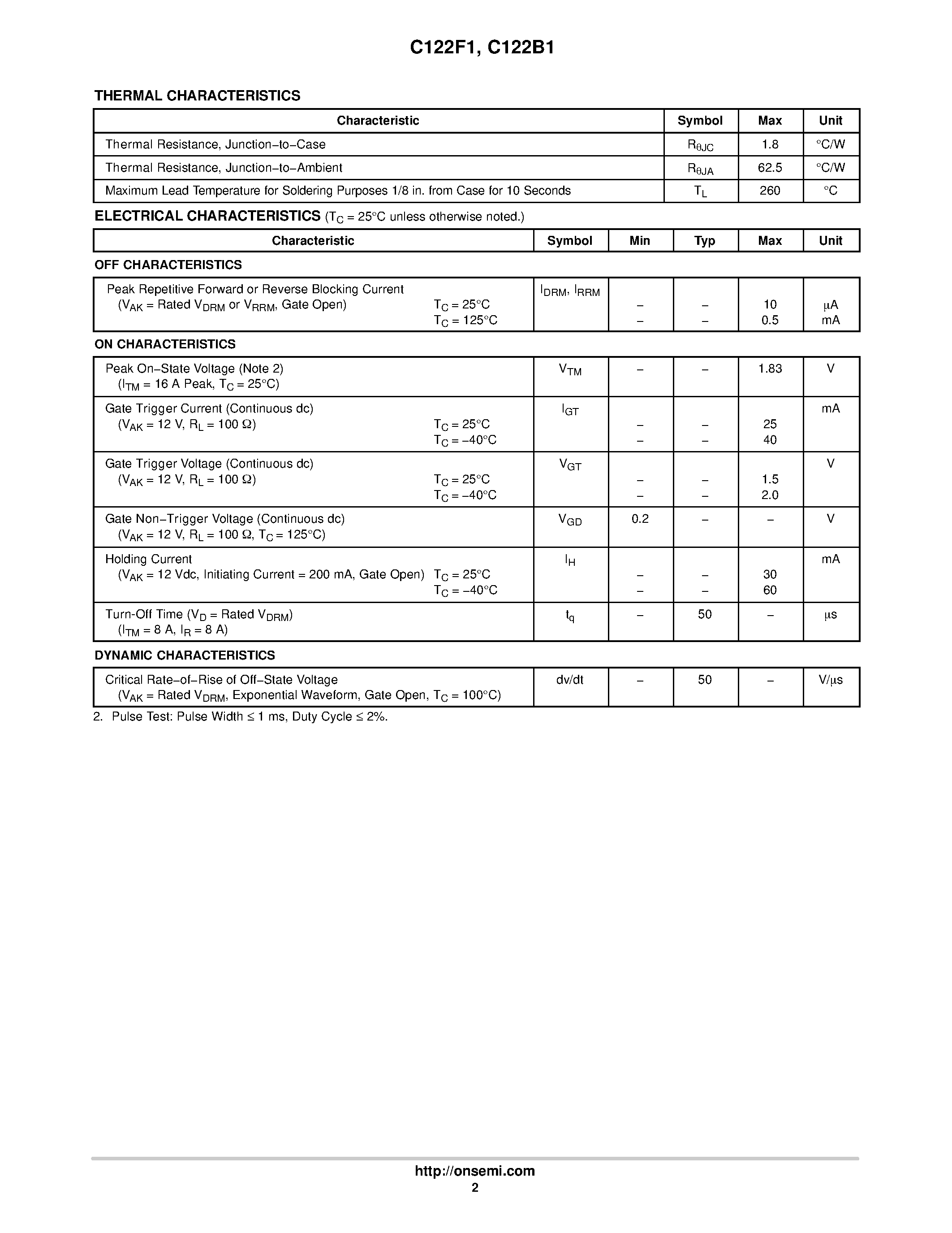 Datasheet C122B1 page 2 Datasheet C122B1 - (C122B1 / C122F1) Silicon Controlled Rectifiers Reverse Blocking Thyristors page 2