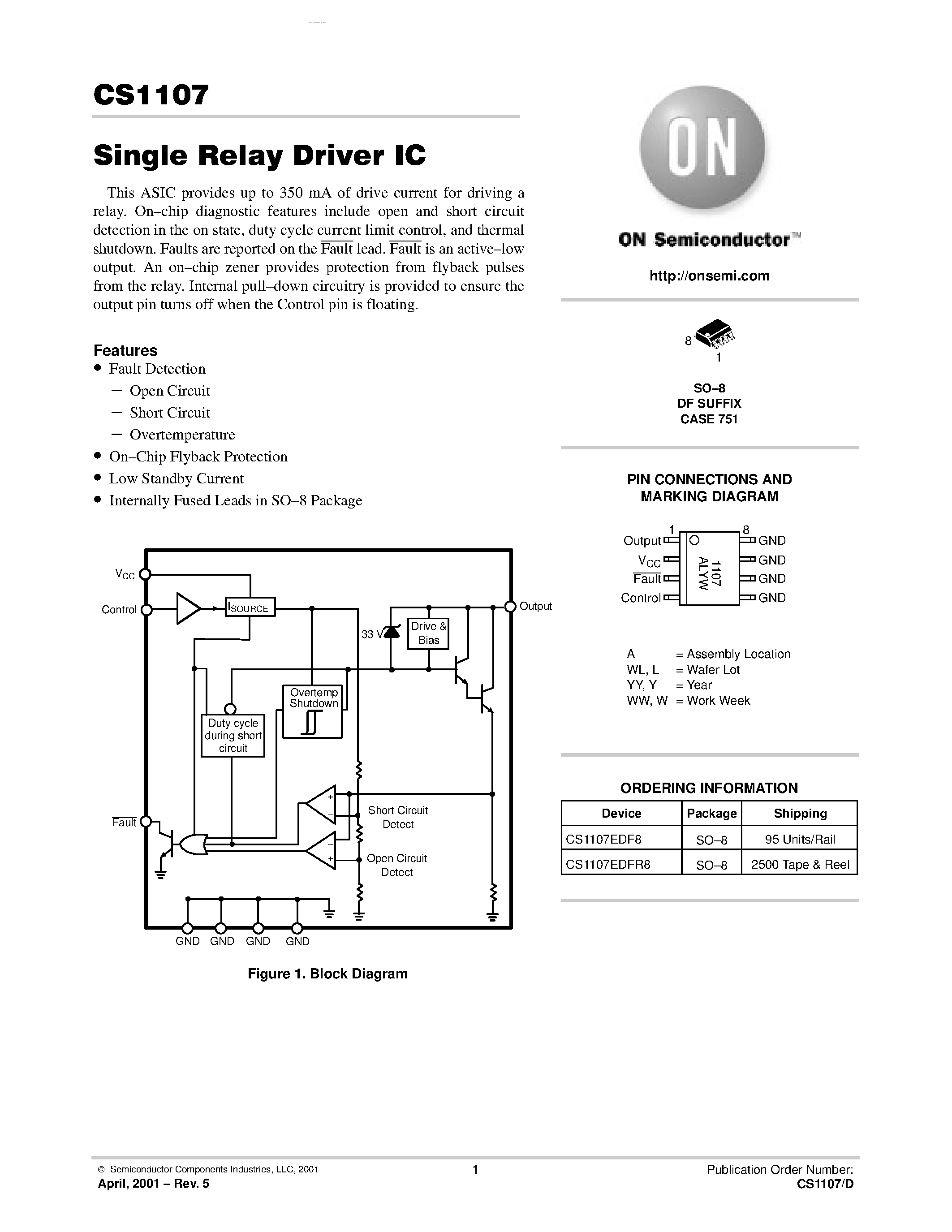 Даташит на микросхему CS1107 страница 1 Даташит CS1107 - Single Relay Driver IC страница 1