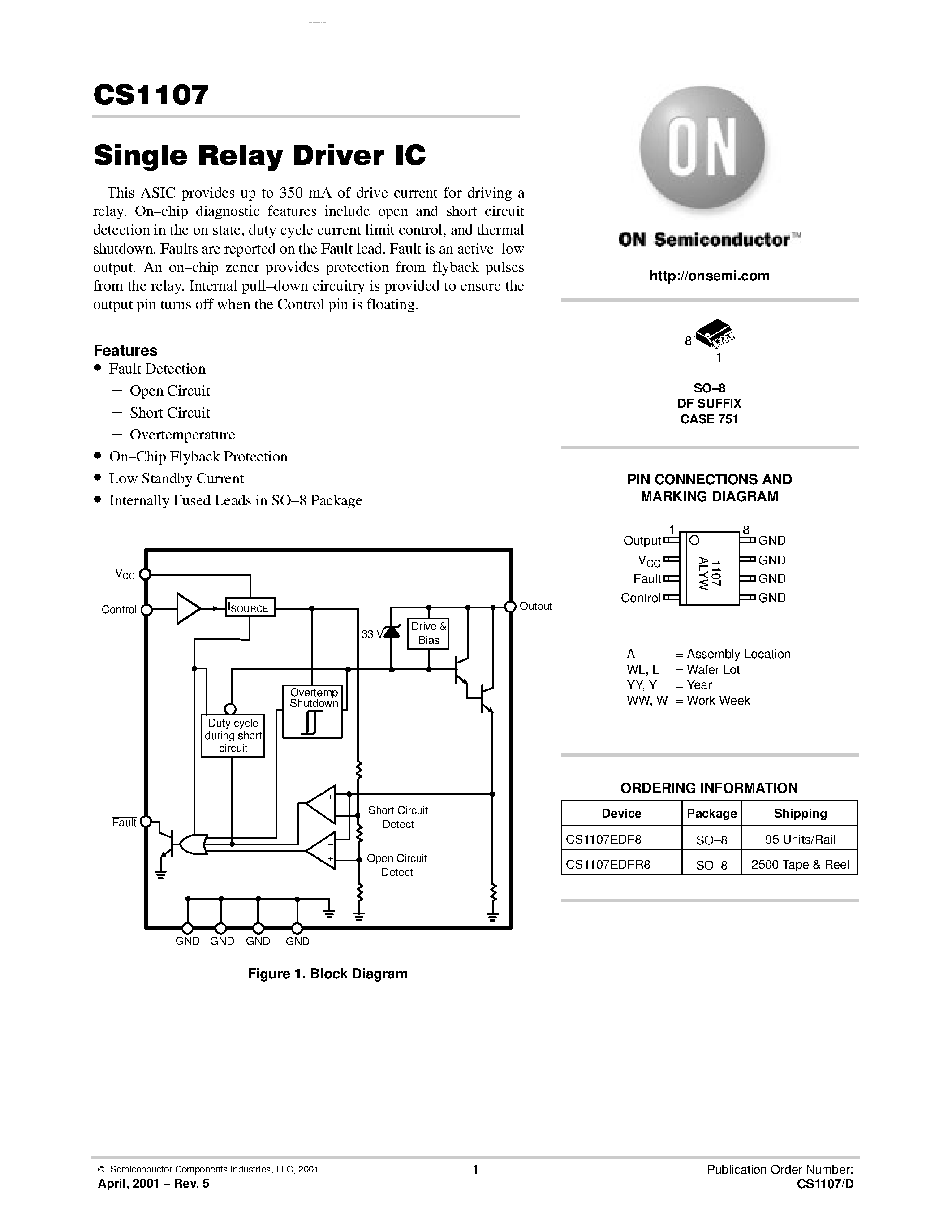 Datasheet CS1107 - Single Relay Driver IC page 1