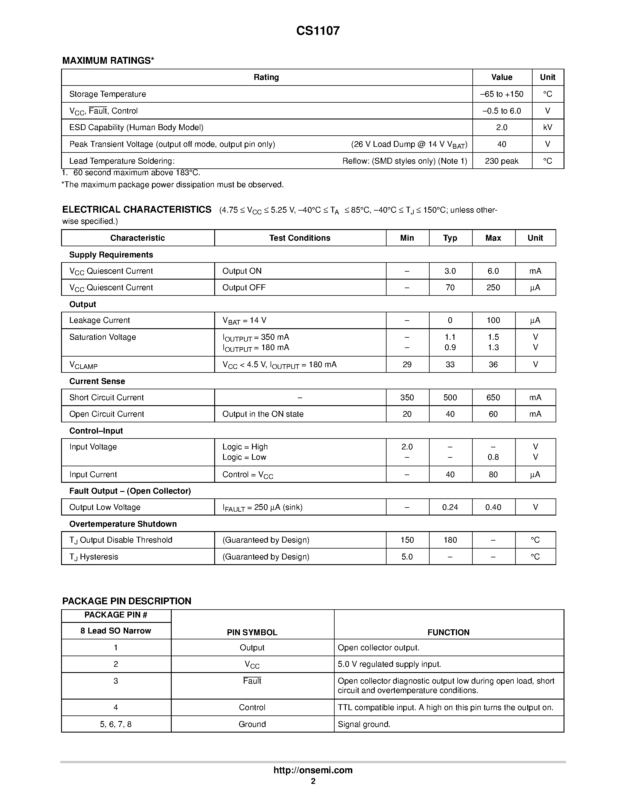 Даташит на микросхему CS1107 страница 2 Даташит CS1107 - Single Relay Driver IC страница 2