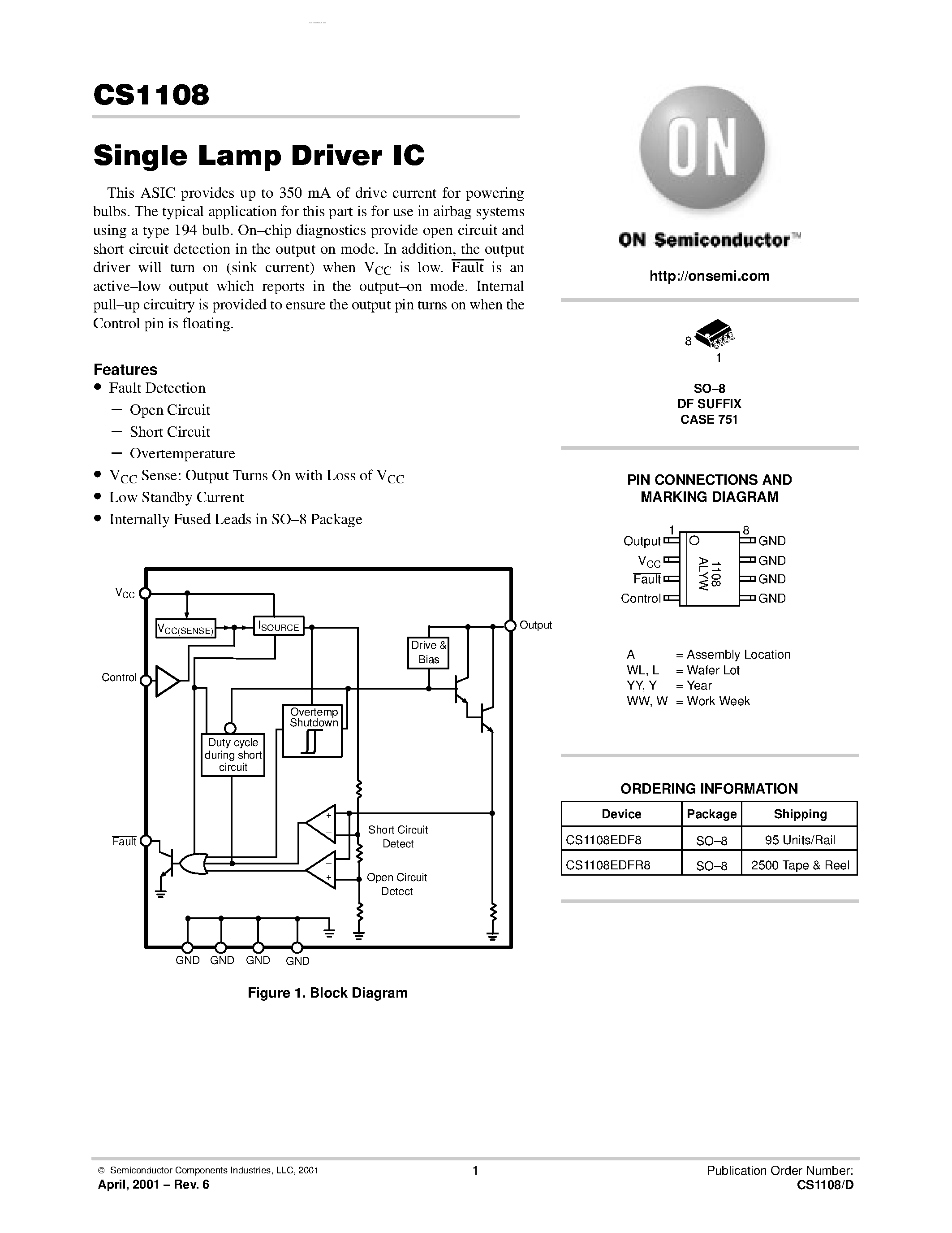 Даташит на микросхему CS1108 страница 1 Даташит CS1108 - Single Lamp Driver IC страница 1