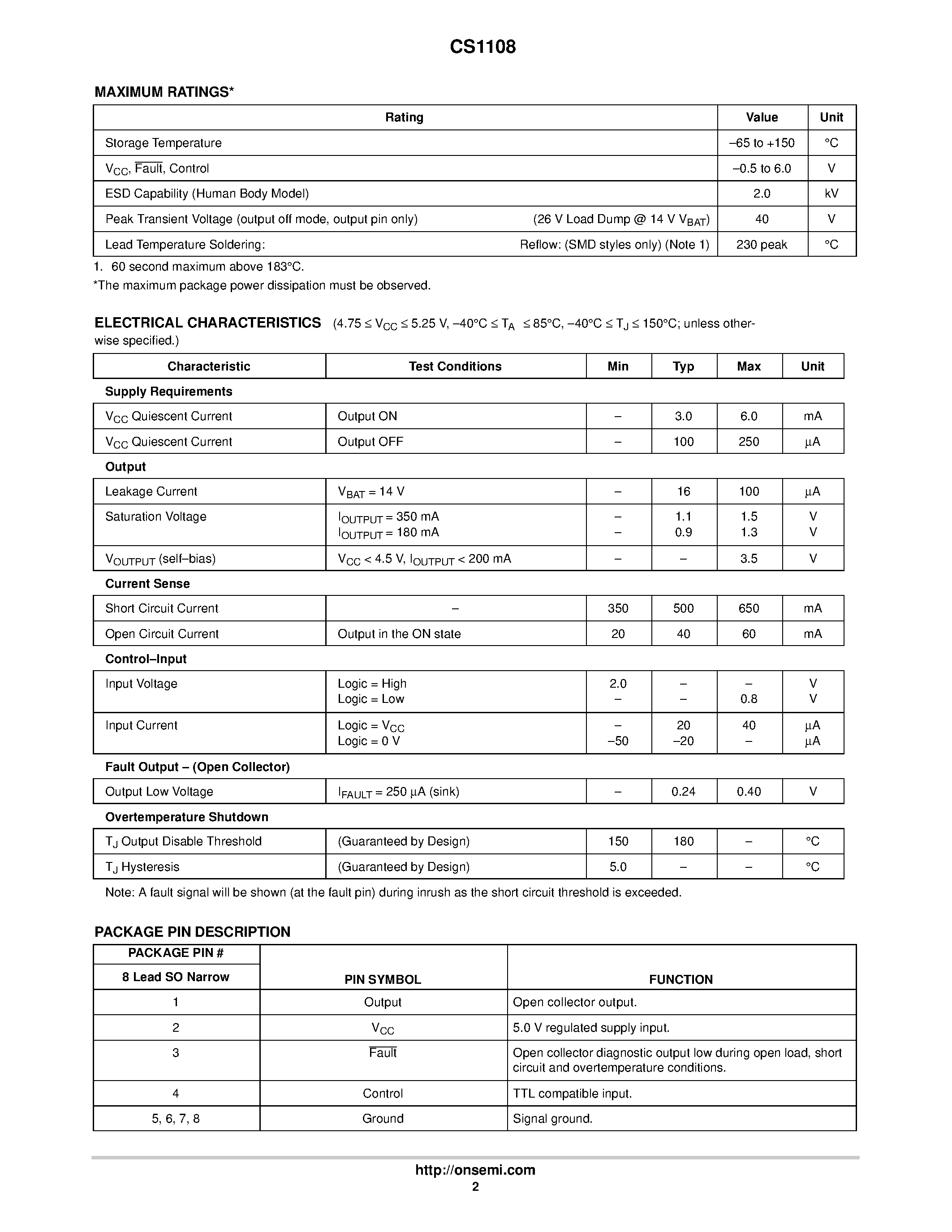 Даташит на микросхему CS1108 страница 2 Даташит CS1108 - Single Lamp Driver IC страница 2