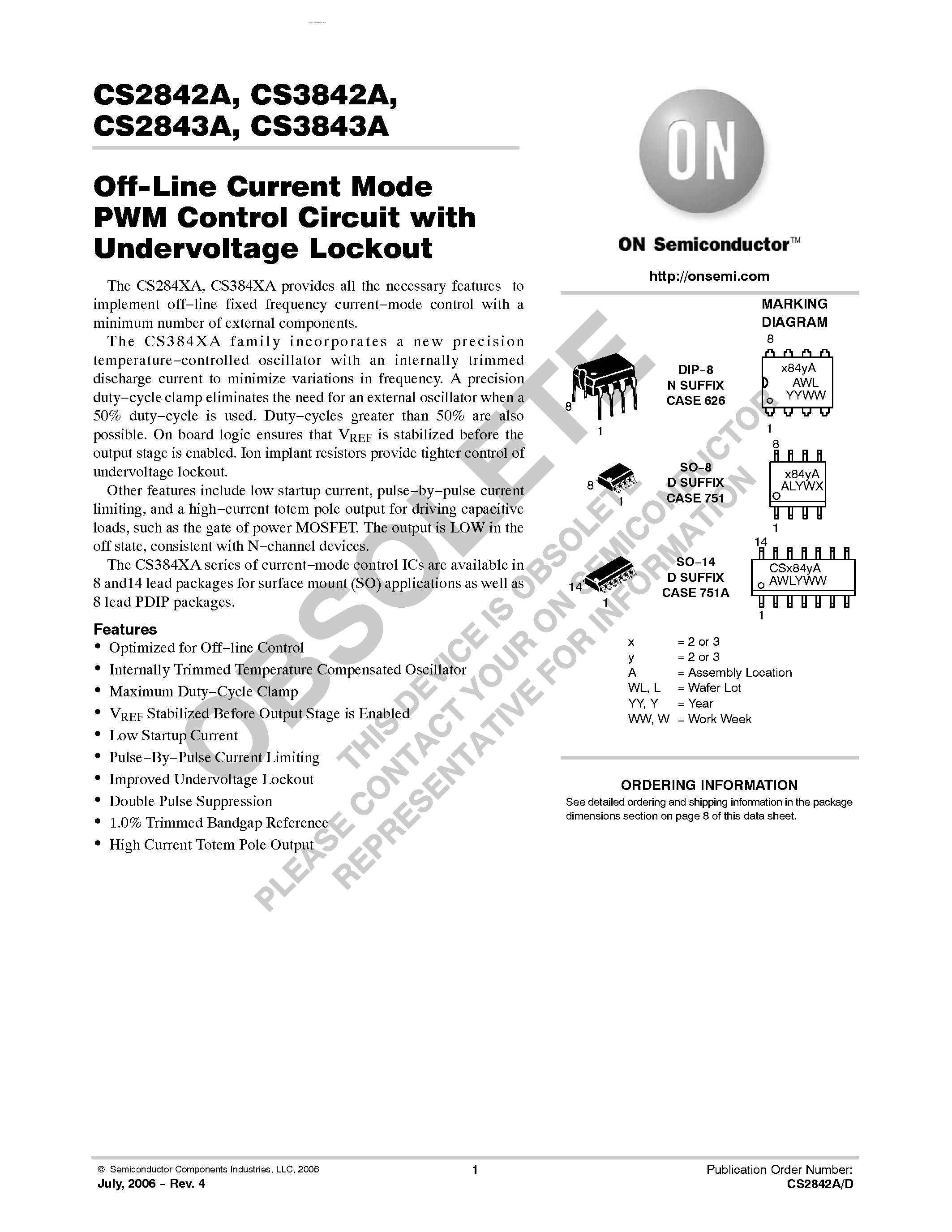 Datasheet CS2842A page 1 Datasheet CS2842A - (CS2842A / CS2843A) Off-Line Current Mode PWM Control Circuit page 1