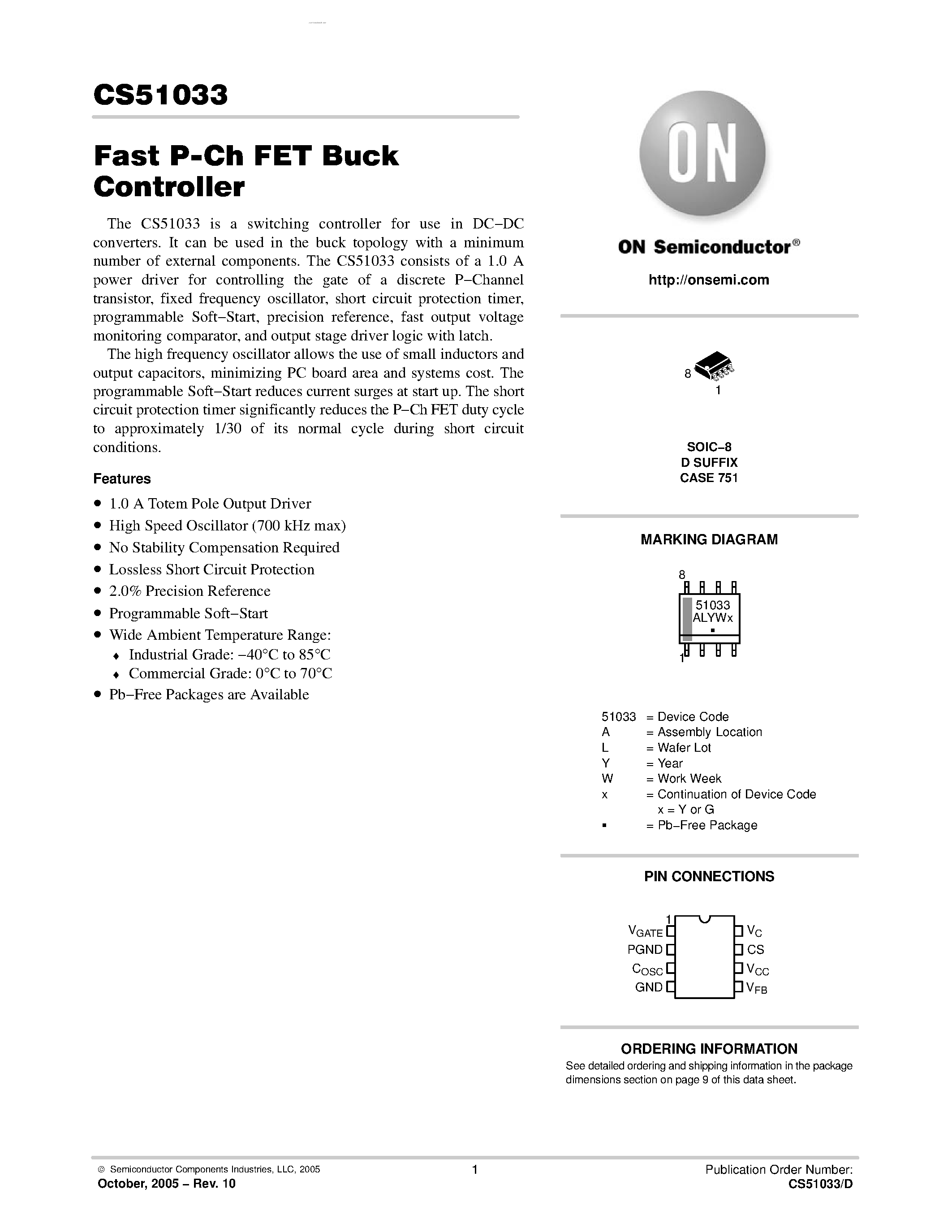 Datasheet CS51033 page 1 Datasheet CS51033 - Fast P-Ch FET Buck Controller page 1