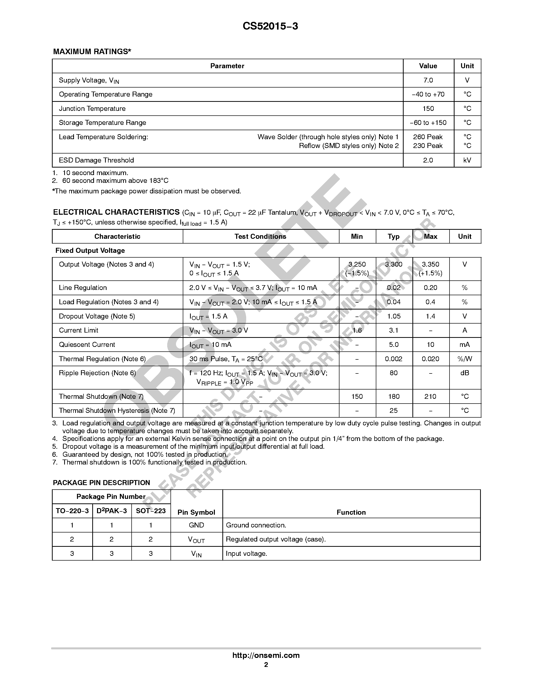 Datasheet CS52015-3 - Linear Regulator page 2