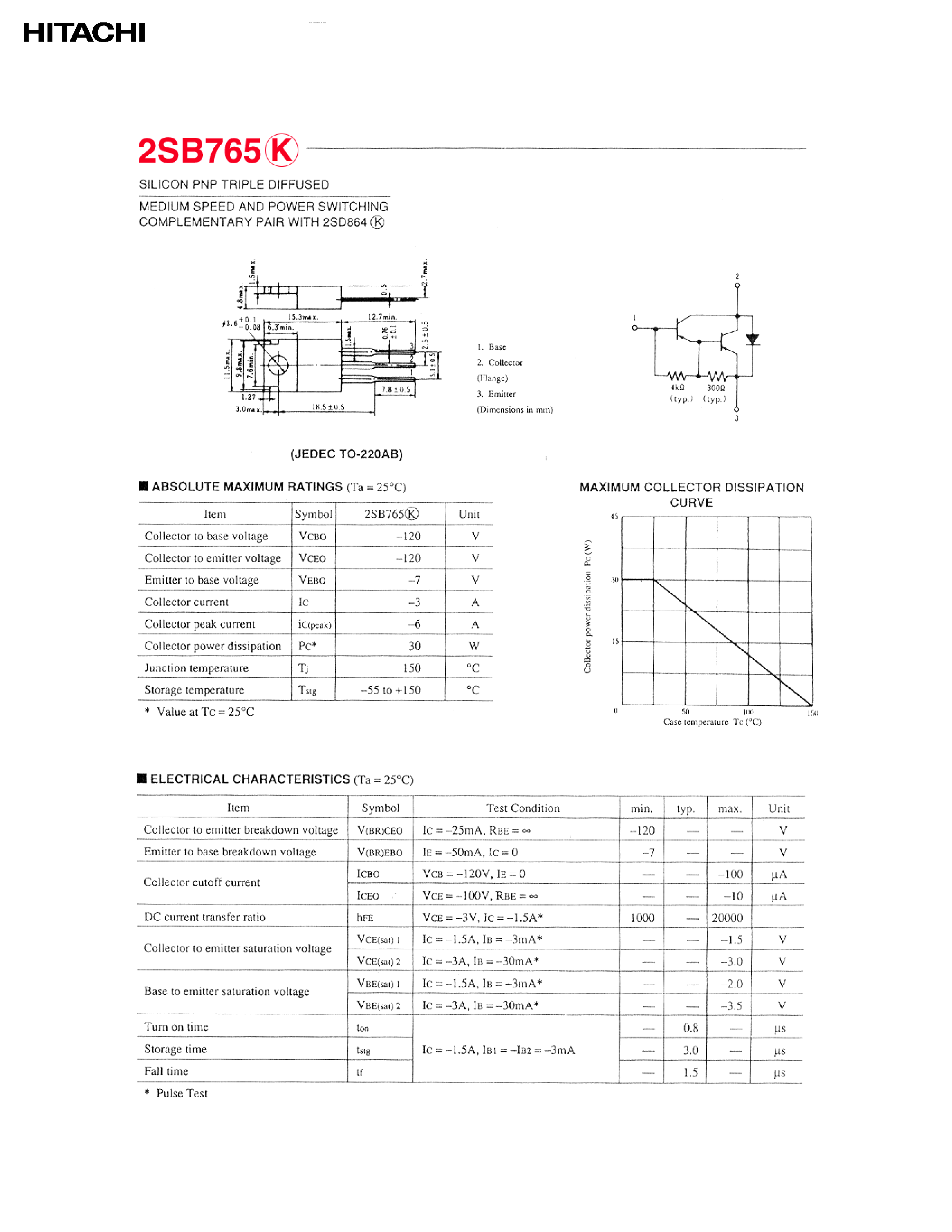 Даташит на микросхему 2SB765 страница 1 Даташит 2SB765 - MEDIUM SPEED AND POWER SWITCHING COMPLEMENTARY PAIR страница 1