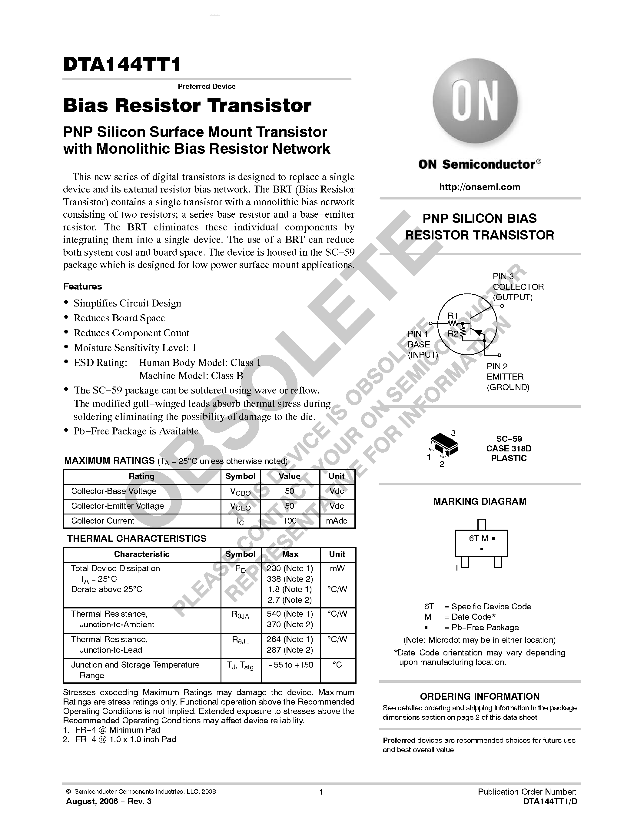 Datasheet DTA144TT1 page 1 Datasheet DTA144TT1 - Bias Resistor Transistor PNP Silicon Surface Mount Transistor page 1