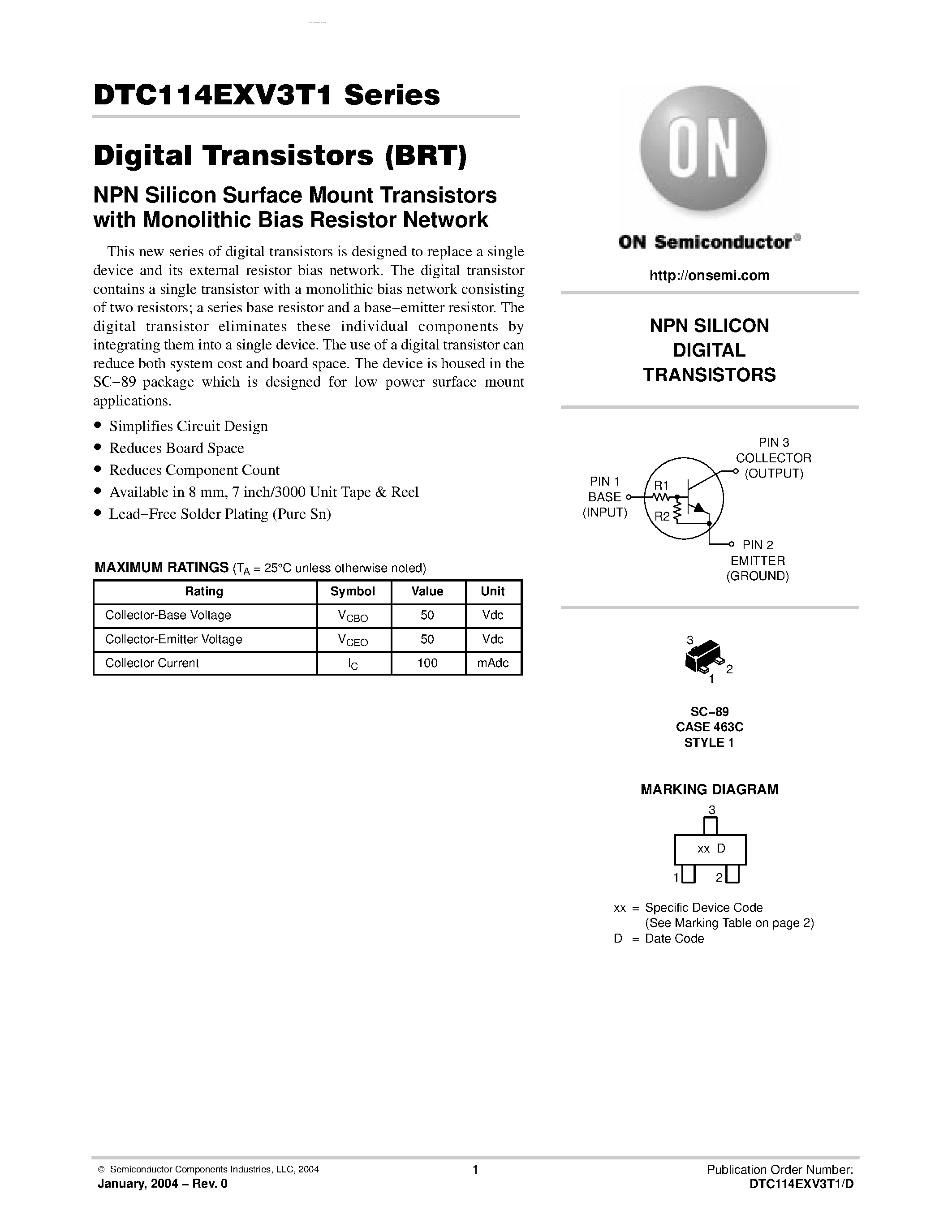 Datasheet DTC114EXV3T1 - Digital Transistors (BRT) NPN Silicon Surface Mount Transistors page 1