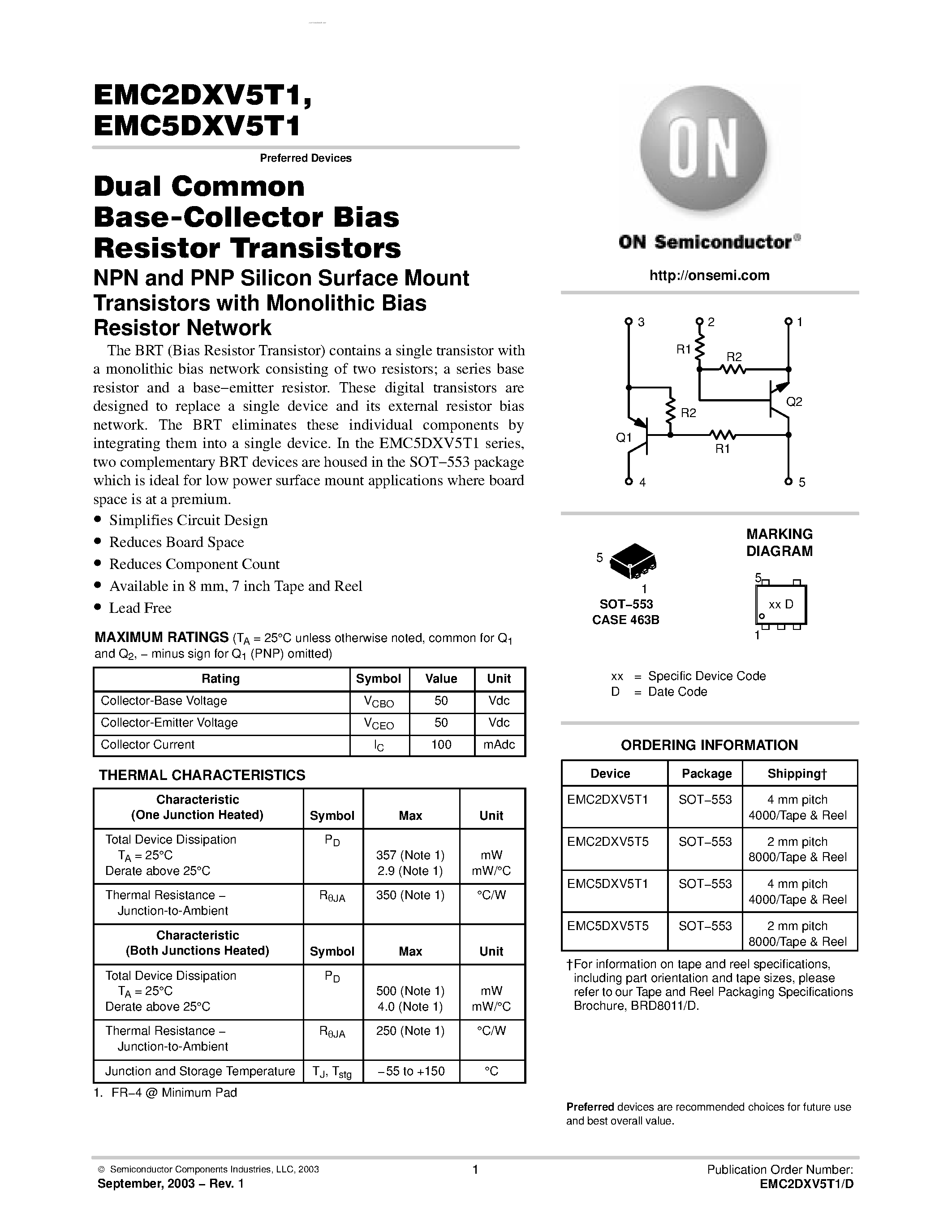 Даташит EMC2DXV5T1 - (EMC2DXV5T1 / EMC5DXV5T1) Dual Common Base-Collector Bias Resistor Transistors страница 1