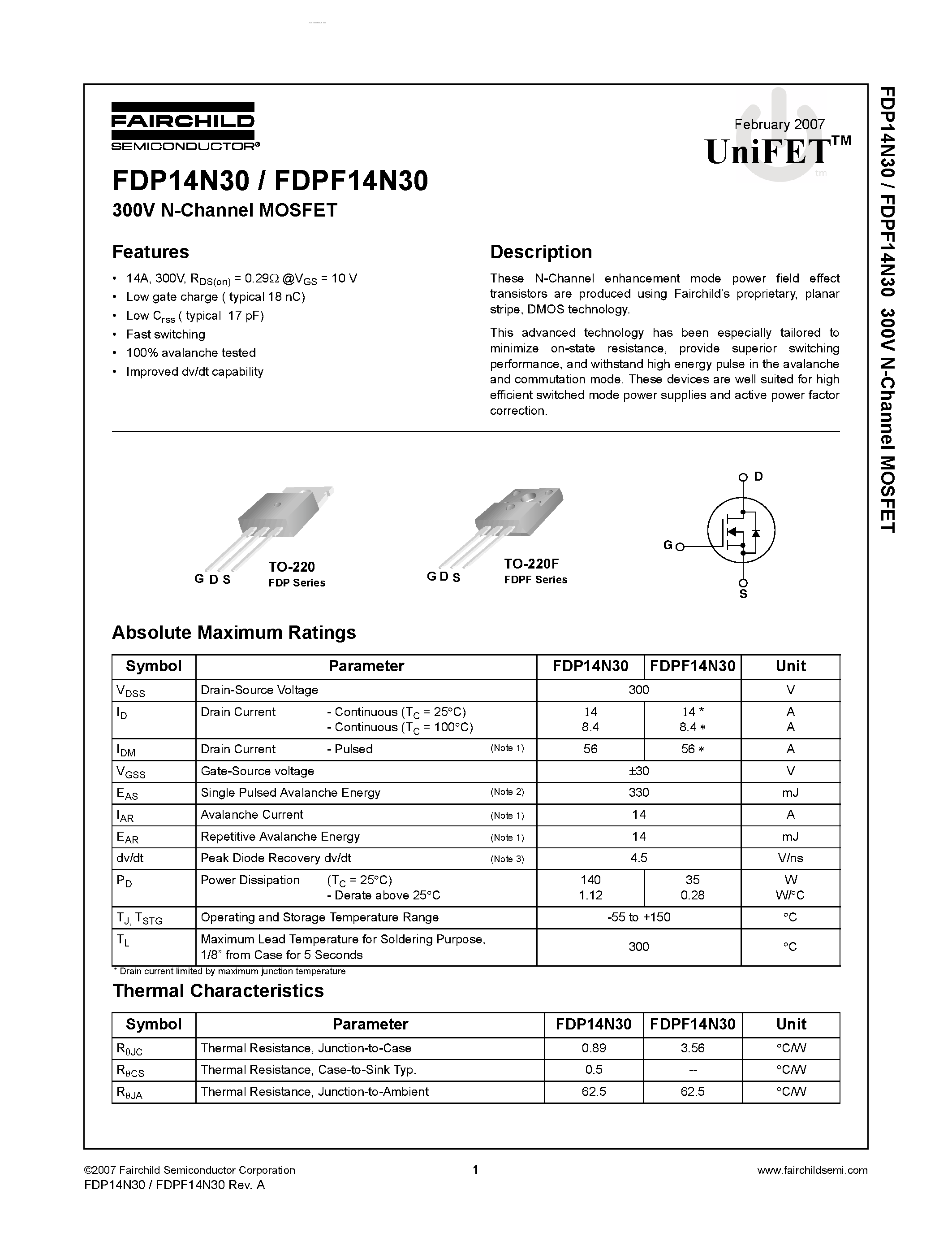 Datasheet FDP14N30 - N-Channel MOSFET page 1