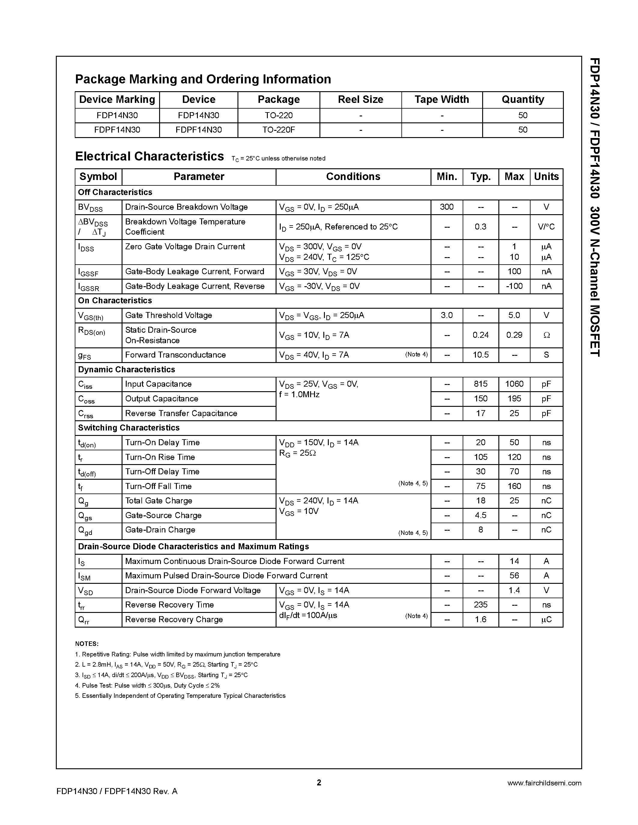 Datasheet FDP14N30 - N-Channel MOSFET page 2